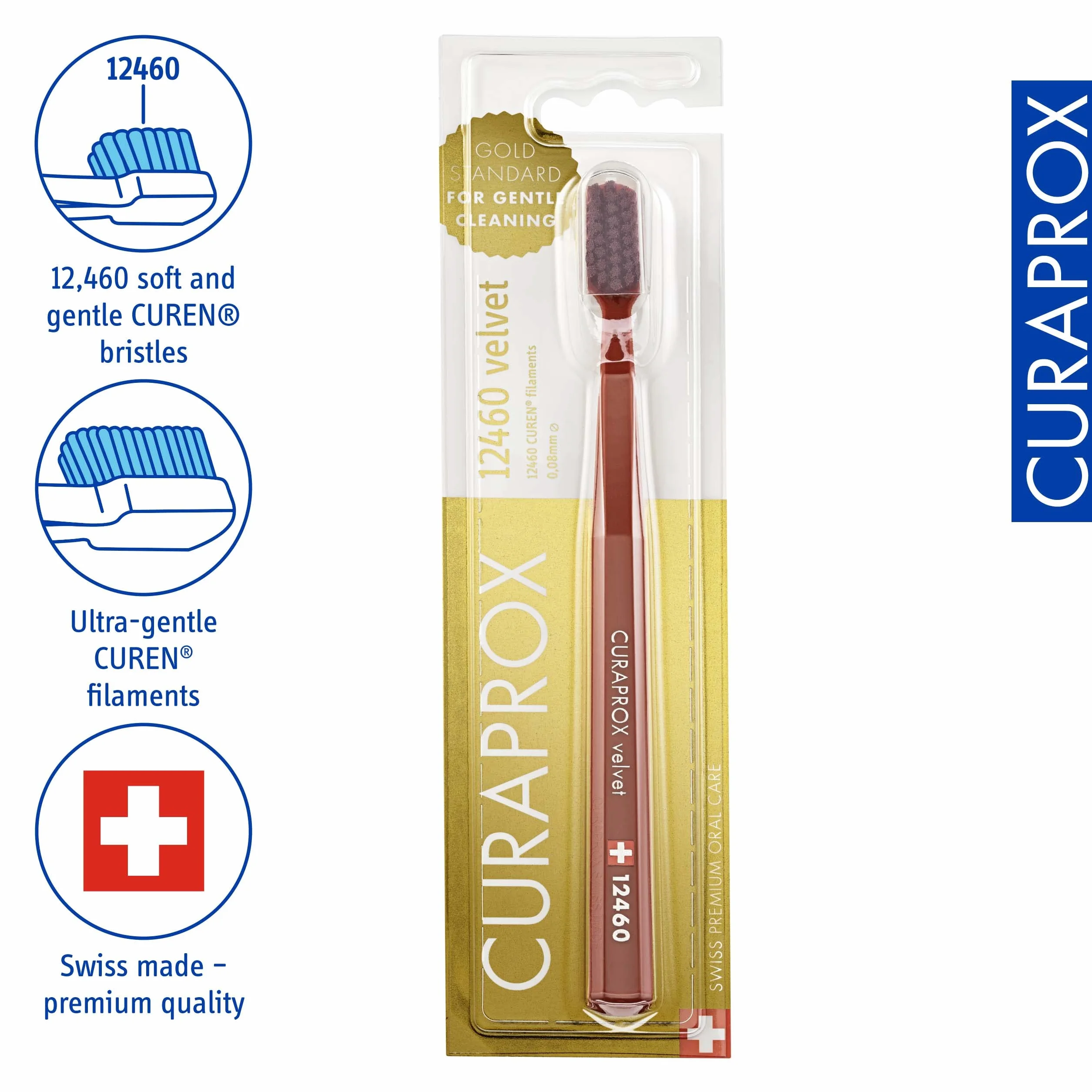 Curaprox CS 12460 aksamitna miękka szczoteczka do zębów-wrażliwa | Ultra delikatne czyszczenie z 12 460 filamentami/pojedyncze opakowanie, Miedź Czerwono-bordowa/Made in Switzerland