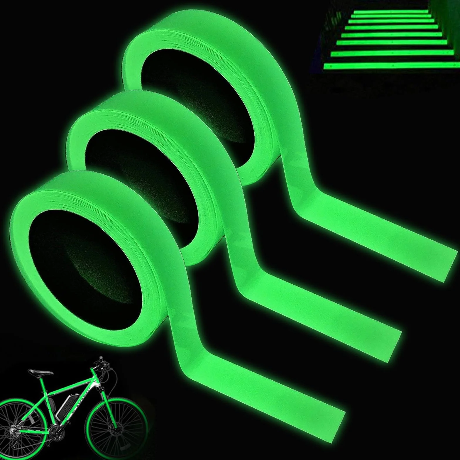 3 rolki fluorescencyjnej taśmy klejącej, świecąca w ciemności, świecący efekt świetlny, samoprzylepna, bez pozostawiania kleju, na schody, ściany, akcesoria sceniczne (10 mm x 5 m, zielona)