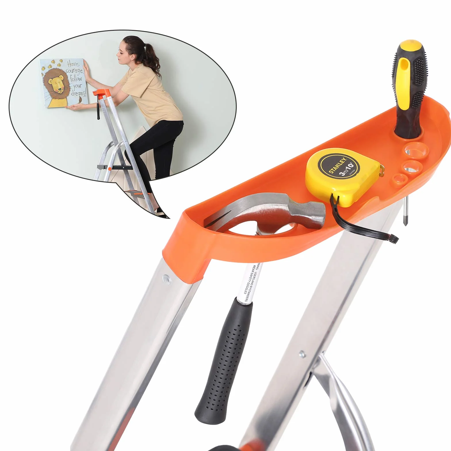 SONGMICS Drabina z 3 stopniami, drabina aluminiowa, stopnie o szerokości 12 cm z przetłoczeniami, nóżkami antypoślizgowymi, półką na narzędzia, nośność do 150 kg, czarno-pomarańczowy GLT03BK