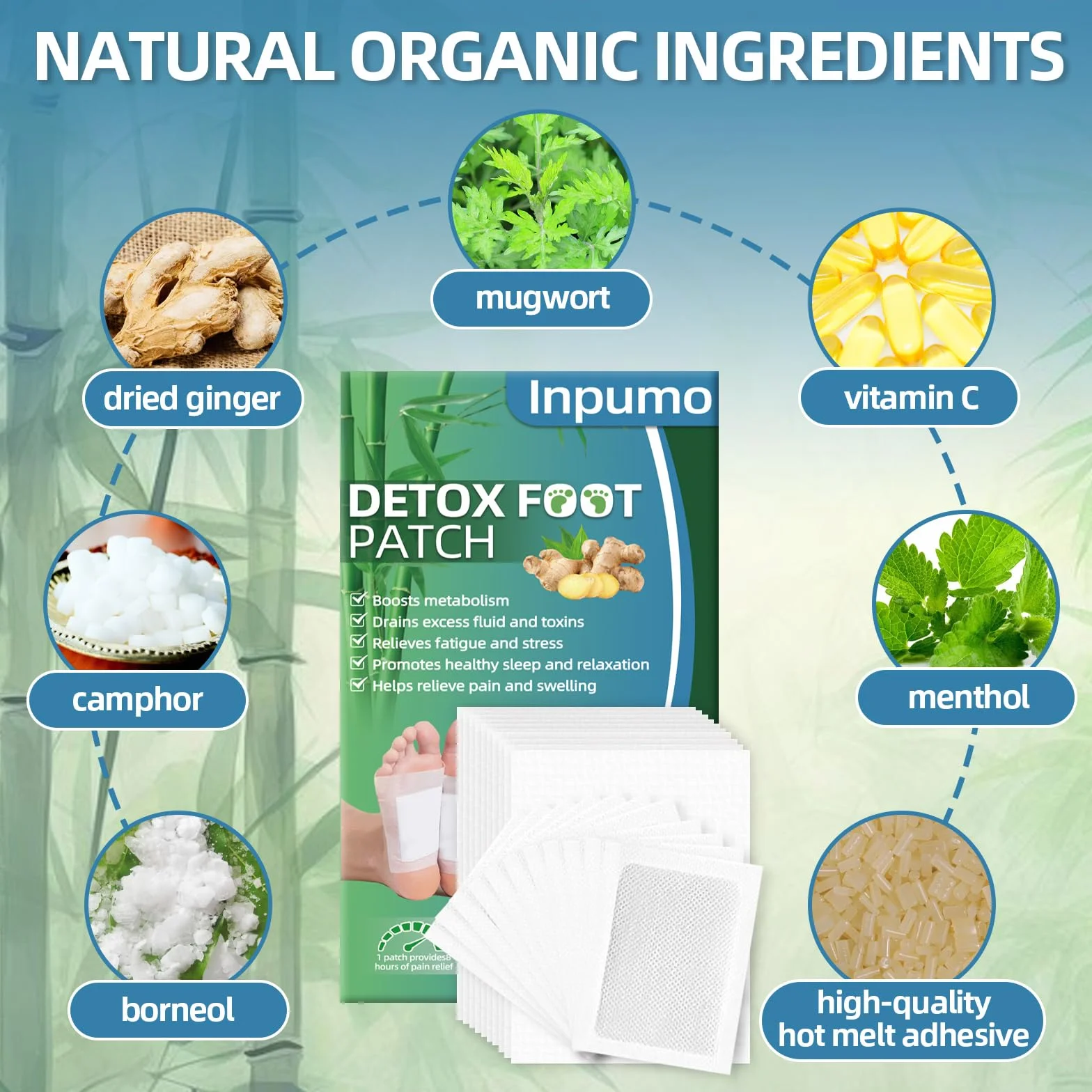 Inpumo Detox plastry do stóp, naturalne plastry detoksykujące do głębokiego oczyszczania, łagodzą stres organizmu, poprawiają jakość snu, poprawia krążenie krwi, 30 sztuk