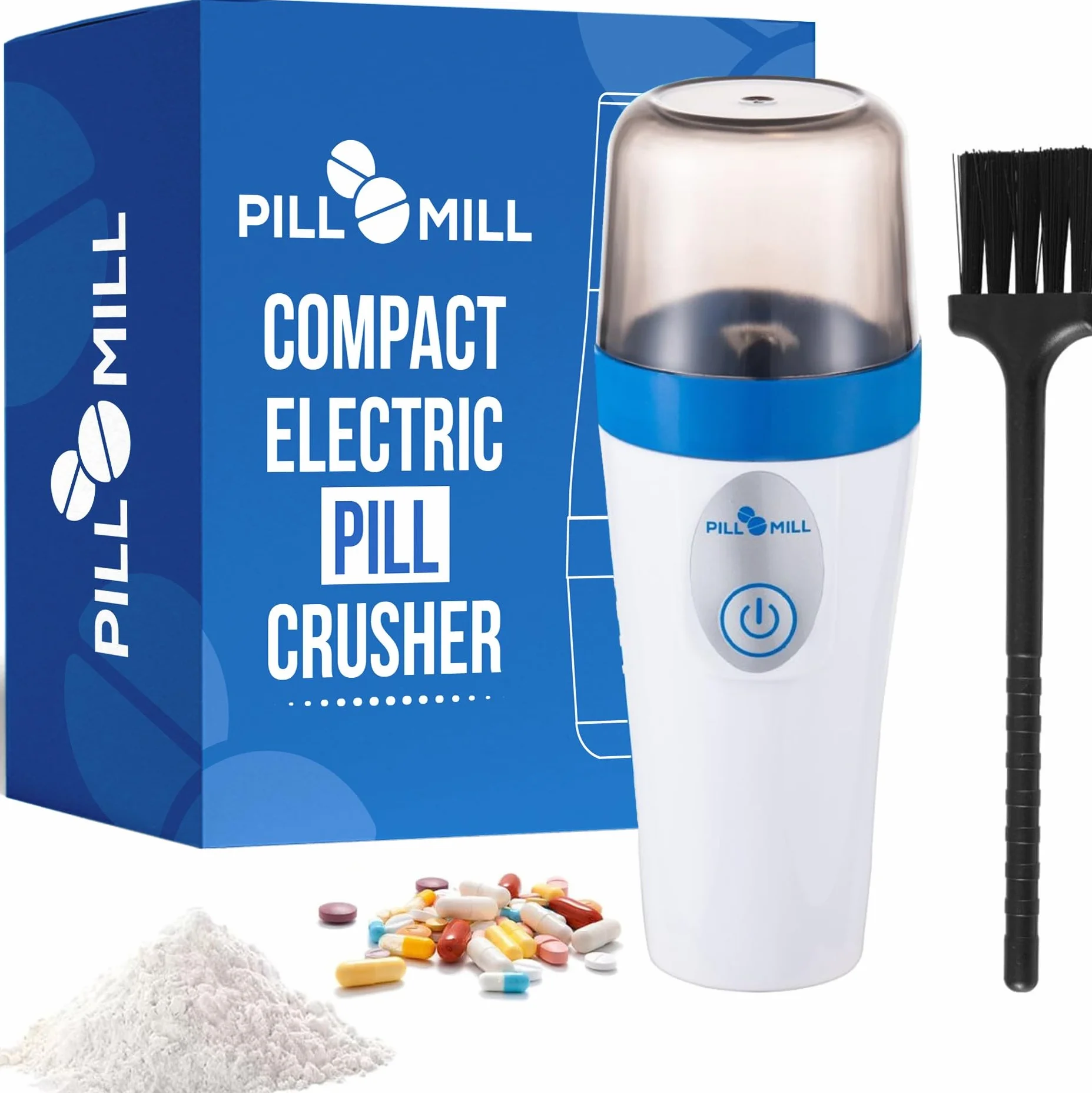 Pill Mill kompaktowy elektryczny rozdrabniacz do tabletek drobny proszek zestaw ze szczotką