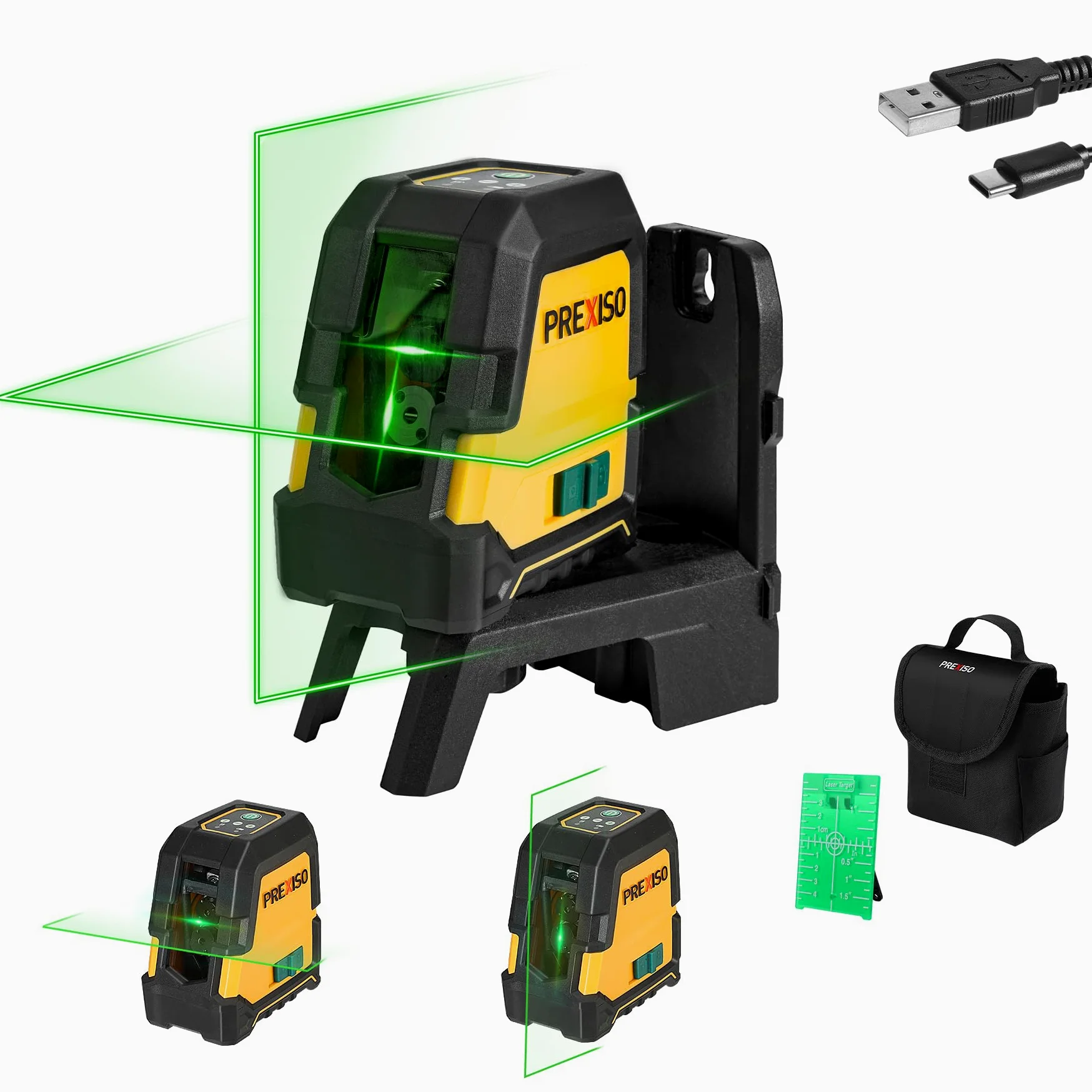 PREXISO Poziomica laserowa, Samopoziomujący poziom laserowy, Laser pionowy/poziomy, Zielony laser z 3 trybami, Wodoodporny, Automatyczne poziomowanie