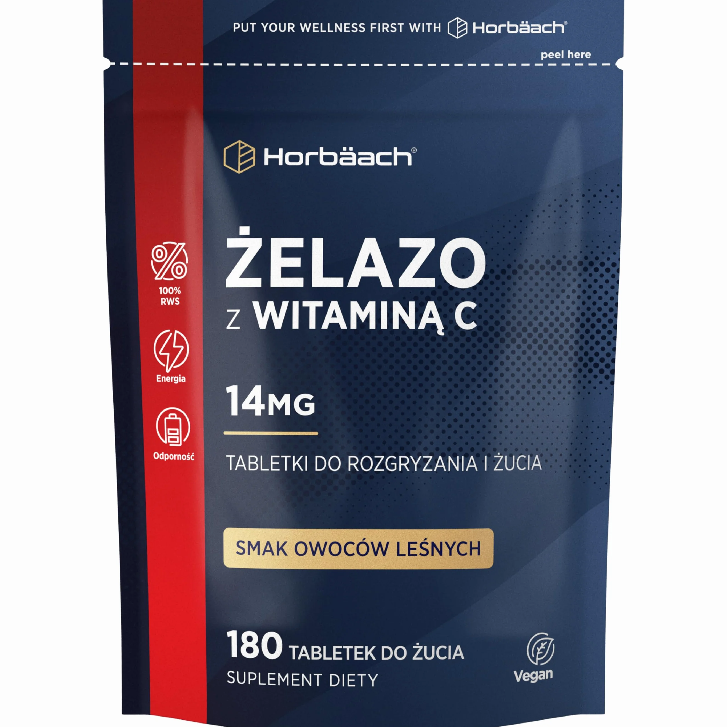 Żelazo Tabletki 14 mg z Witaminą C 80mg | 180 Tabletek Do Rozgryzania i Żucia o Smaku Owoców Leśnych | Zapas na 3 Miesiące | Wegańskie | Suplement Dla Kobiet i Mężczyzn | marki Horbaach
