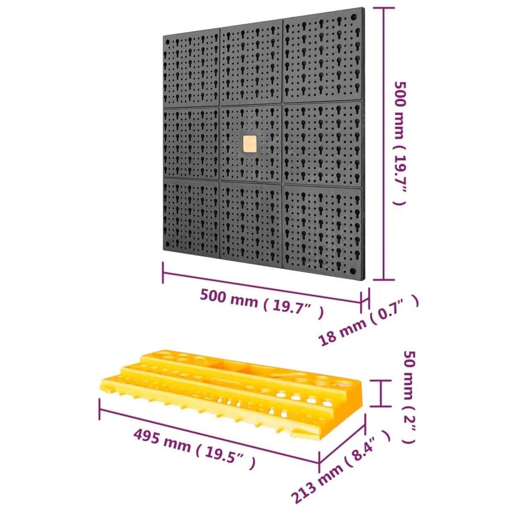 Ścianka narzędziowa 500 x 1000 mm z polipropylenu z 50 haczykami, 2 półki, czarna żółta ściana z otworami do warsztatu, garażu, piwnicy, przechowywania narzędzi dla majsterkowiczów i napraw
