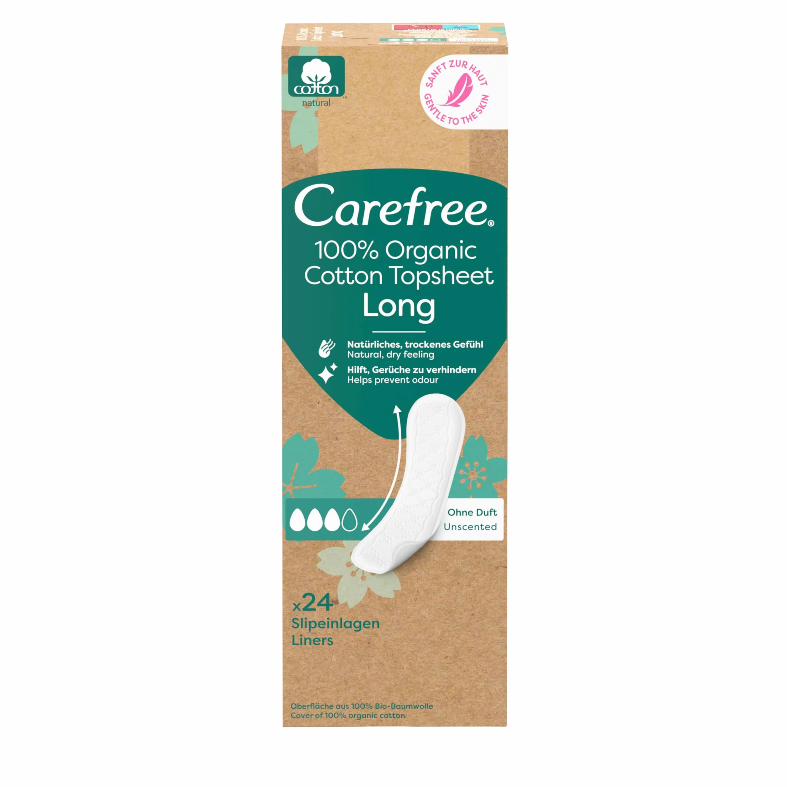 Carefree Wkładki higieniczne 100% bawełna organiczna (24 sztuki), ze 100% certyfikowanej bawełny ekologicznej dla naturalnego, suchego uczucia, rozmiar długi