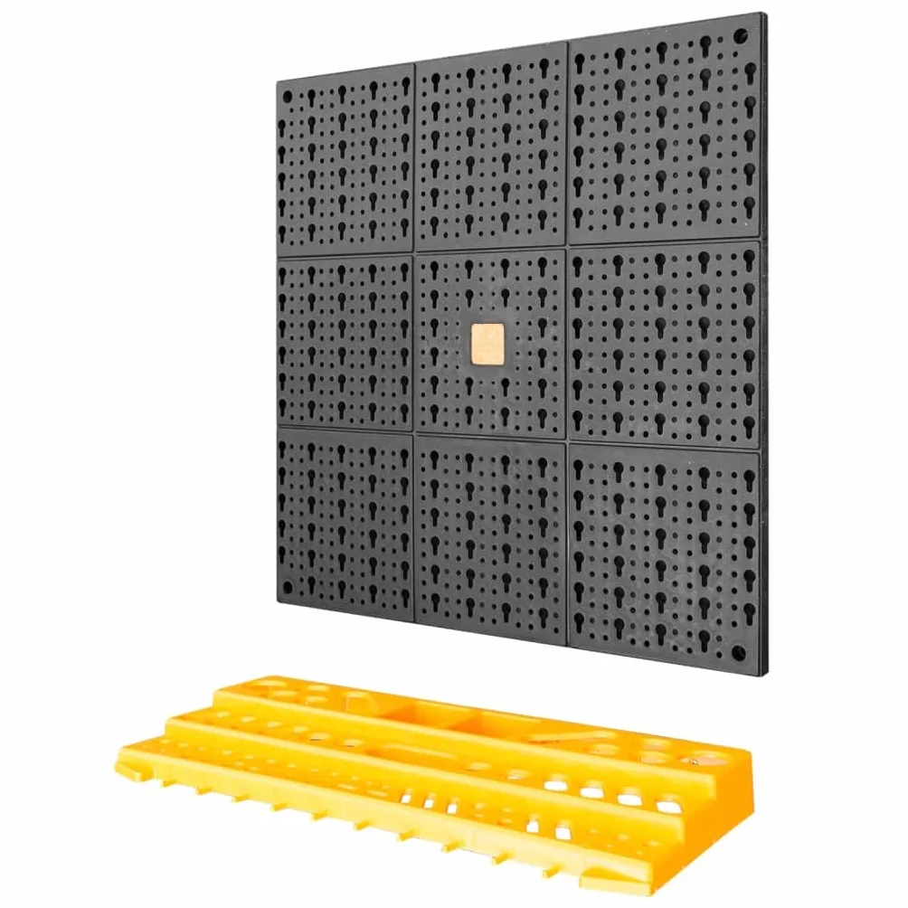 Ścianka narzędziowa 500 x 1000 mm z polipropylenu z 50 haczykami, 2 półki, czarna żółta ściana z otworami do warsztatu, garażu, piwnicy, przechowywania narzędzi dla majsterkowiczów i napraw