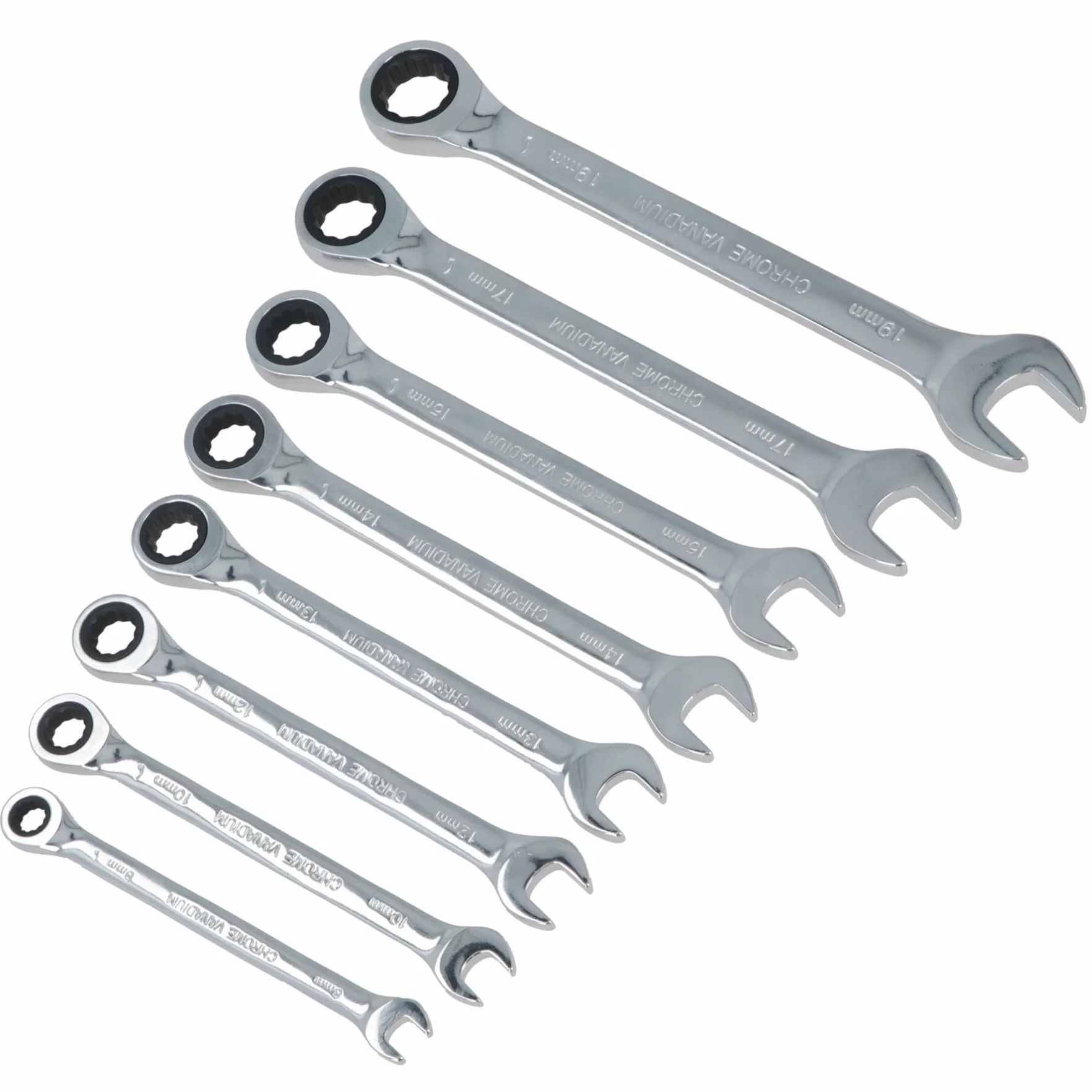 AB Tools Zestaw kluczy płasko-oczkowych metrycznych z grzechotką, 72 zęby, bi-sześciokątny, 8-19 mm, 8 szt