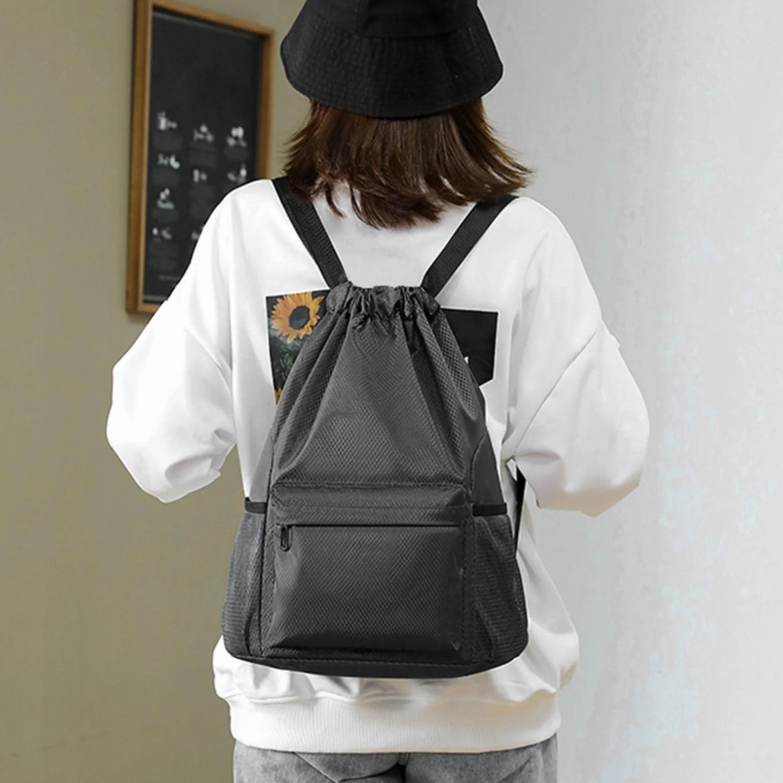 Sonew Worek ze sznurkiem, worek ze sznurkiem, wodoszczelny, mini torba sportowa Oxford, do treningu na świeżym powietrzu, fitnessu (czarna), czarny, sport