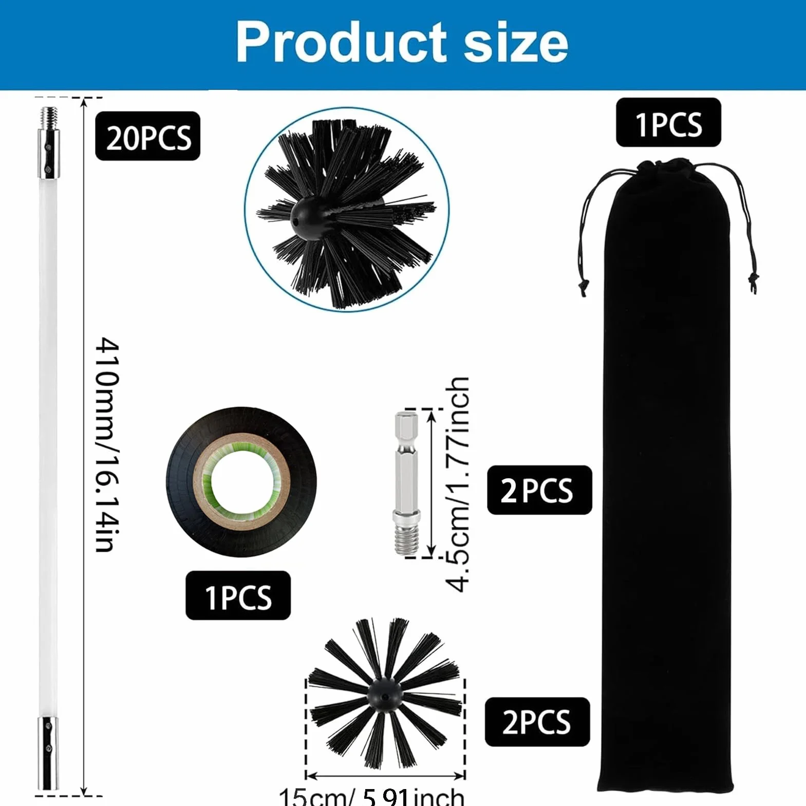 Zestaw 24 szczotek kominkowych, szczotka do kominka 100 mm, szczotka do czyszczenia komina, z 20 elastycznymi prętami 410 mm, 2 głowicami szczotki, 1 złącze wiertnicze + akcesoria, do suszarek