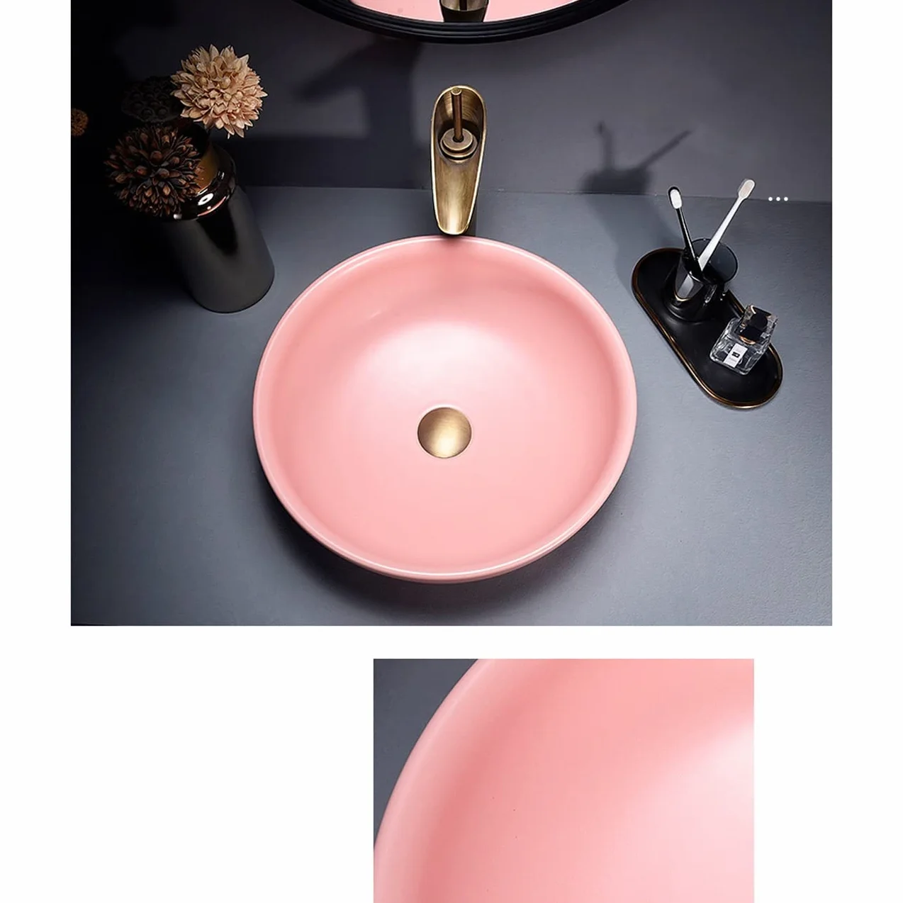 Umywalka Łazienkowa Nablatowa, Okrągła Ceramiczna Umywalka Nablatowa Z Porcelany, Minimalistyczna, Rozmiar Pinkone
