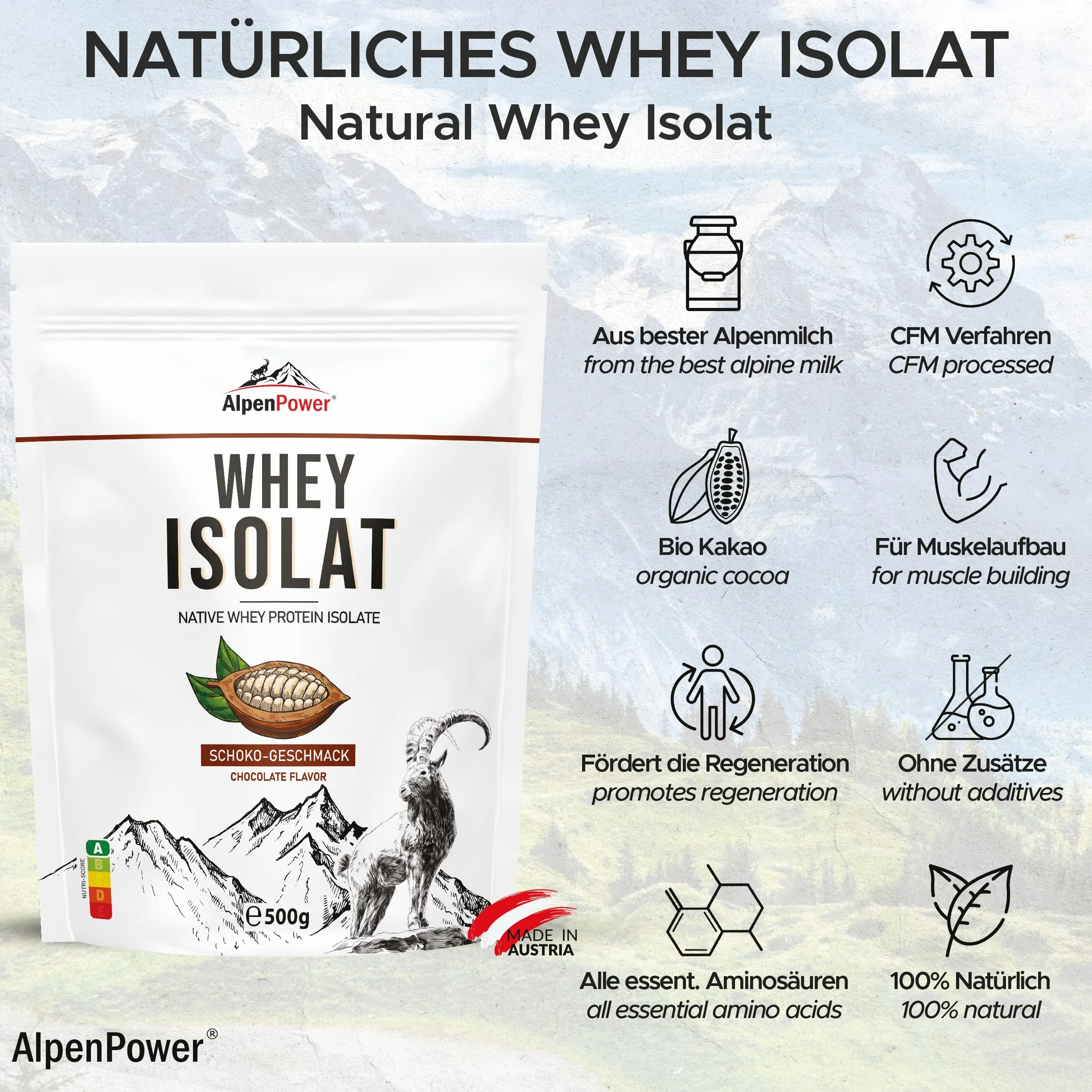 AlpenPower Whey Isolat białko w proszku czekoladowym 1 kg 100% naturalne bez substancji słodzących