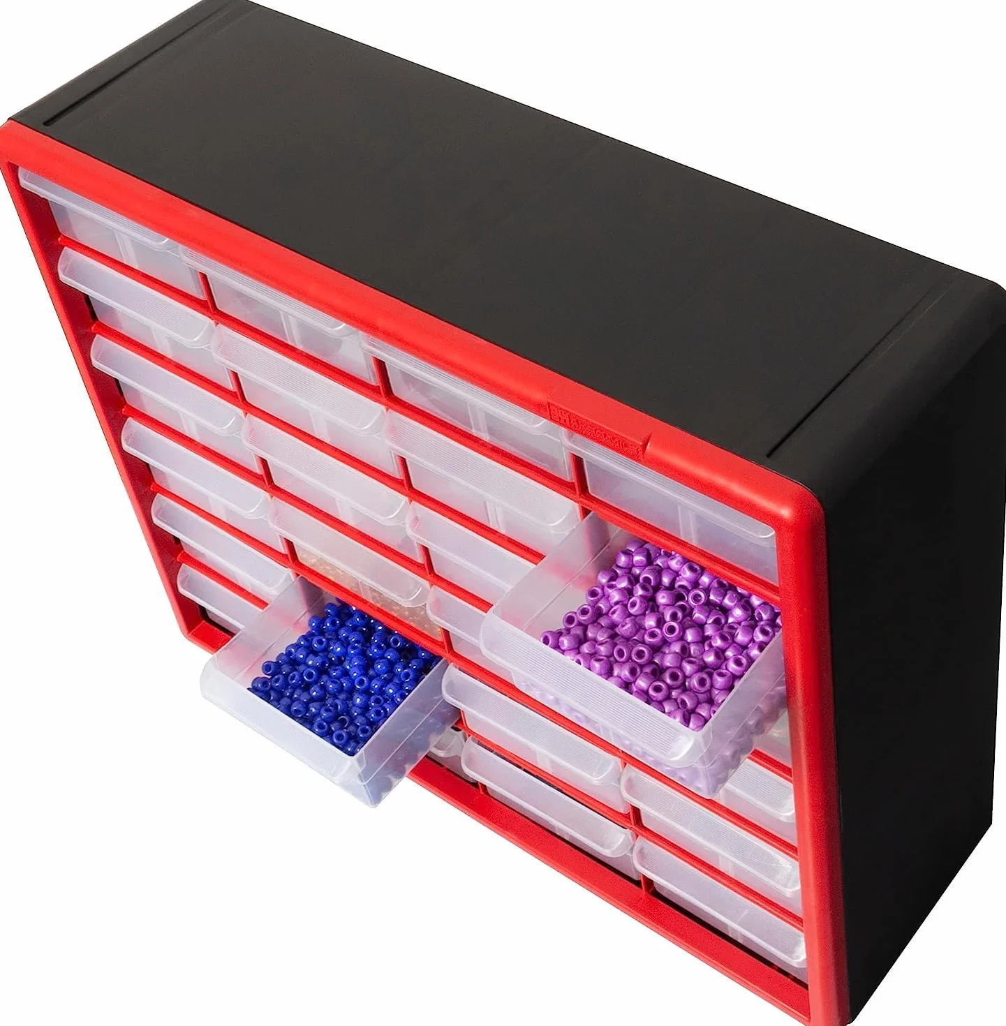 Akro-Mils 10124 Plastikowa Szafka z 24 Szufladami - Organizator Do Przechowywania, Lego, Narzędzia, Makijaż i Inne, 50 cm Szer. x 15 cm Gł. x 40 cm Wys., Czerwona
