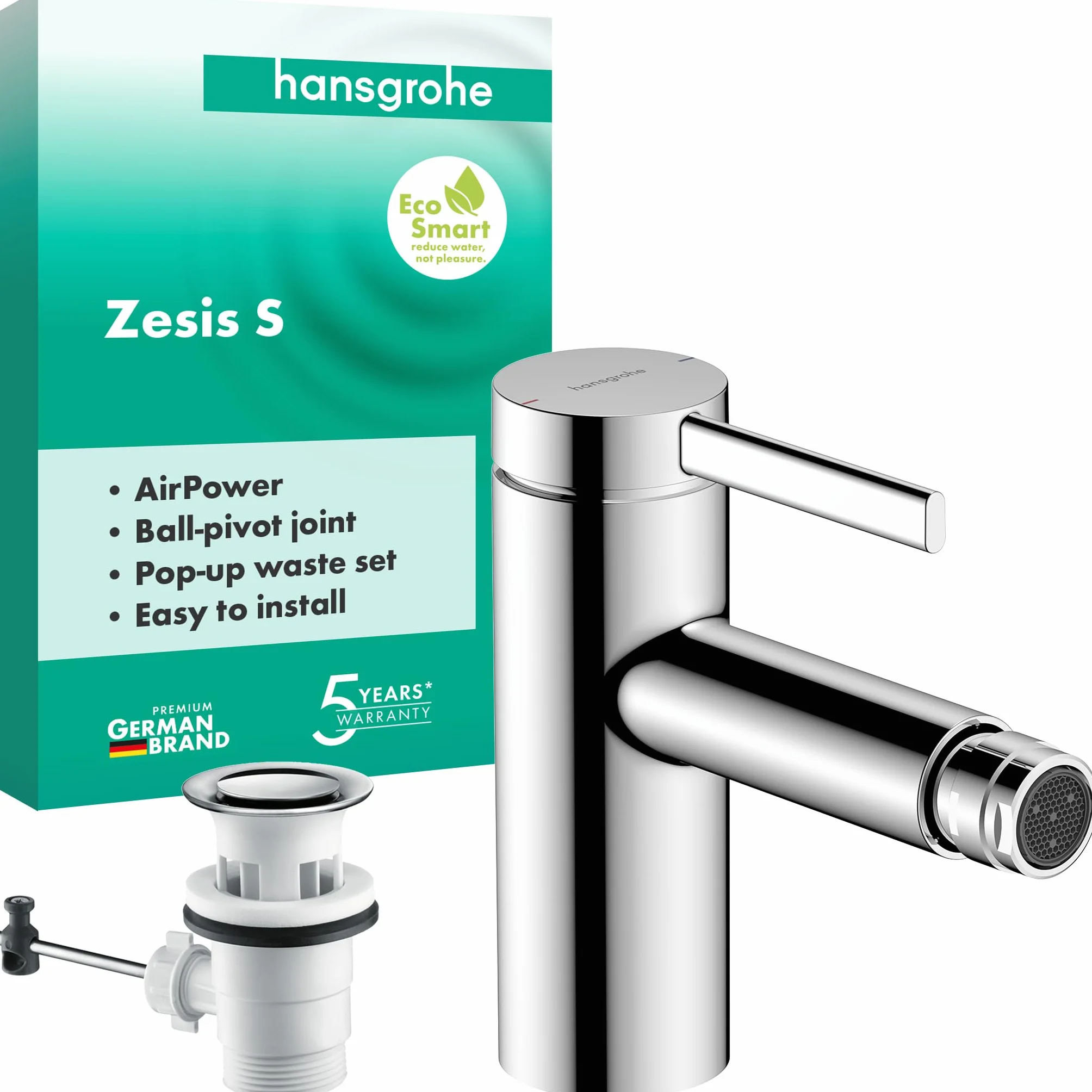 hansgrohe Zesis S - Bateria bidetowa z zestawem odpływowym klik-klak, jednouchwytowa bateria bidetowa oszczędność wody (EcoSmart) z wysokość wylewki 83 mm, chrom, 74200000