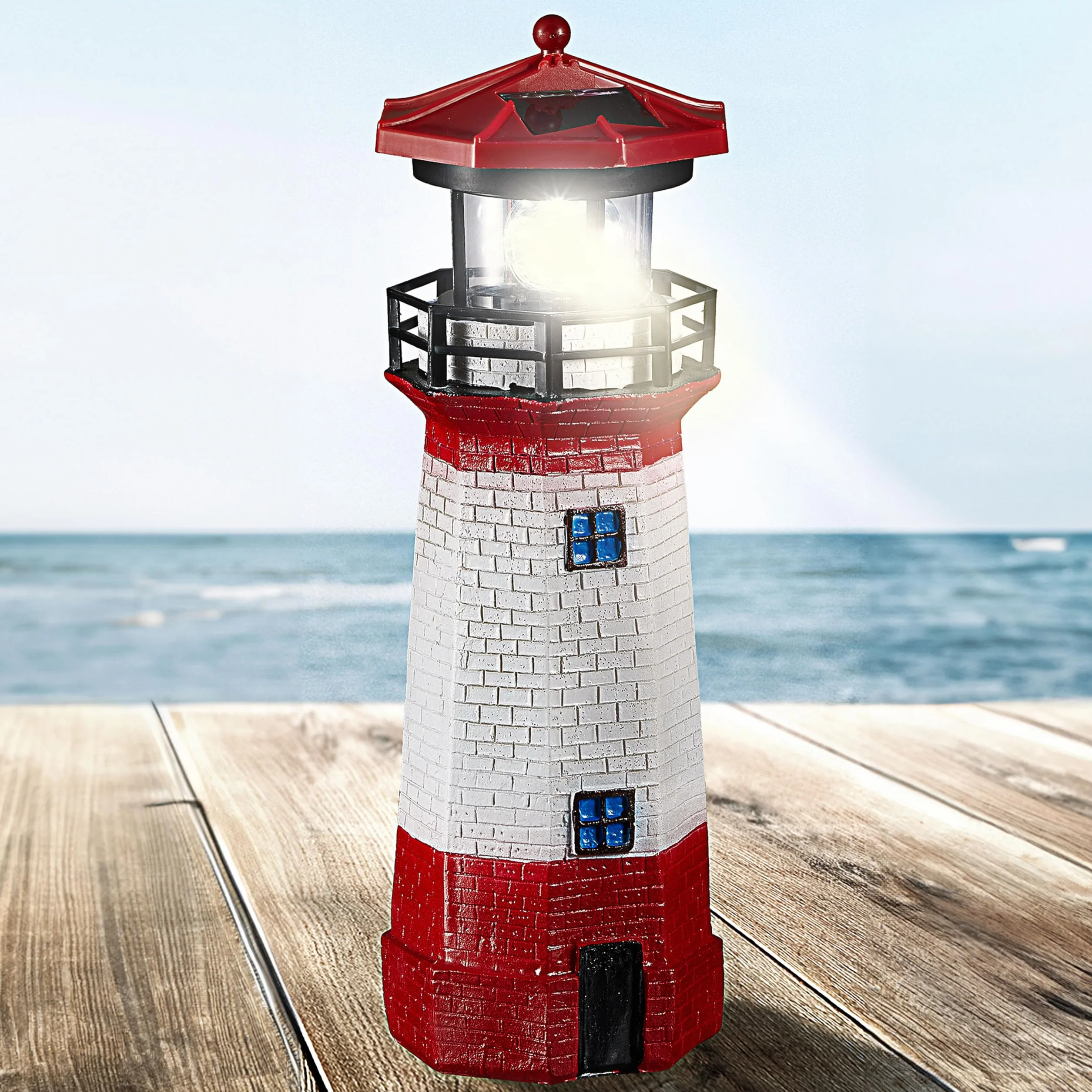 Cepewa Latarnia solarna LED, wys. 28 cm, czerwono-biała, dekoracja ogrodowa, latarnia morska, wieża, oświetlenie solarne (1 x solarna latarnia LED wys. 28 cm)