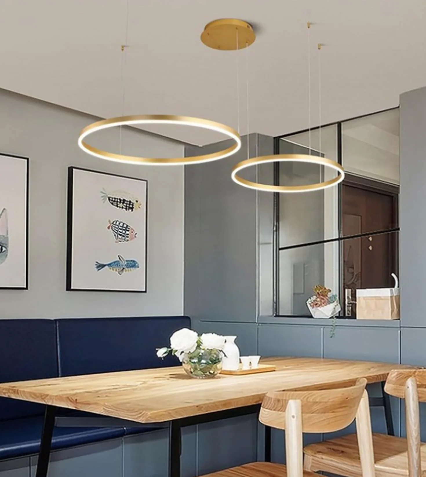 Lampa wisząca LED, do jadalni, do salonu, przyciemniana, z pilotem zdalnego sterowania, nowoczesny żyrandol, okrągły, z aluminium, akrylu, lampa sufitowa, 65 W, złota, 3 okręgi, 30 + 50 + 70 cm