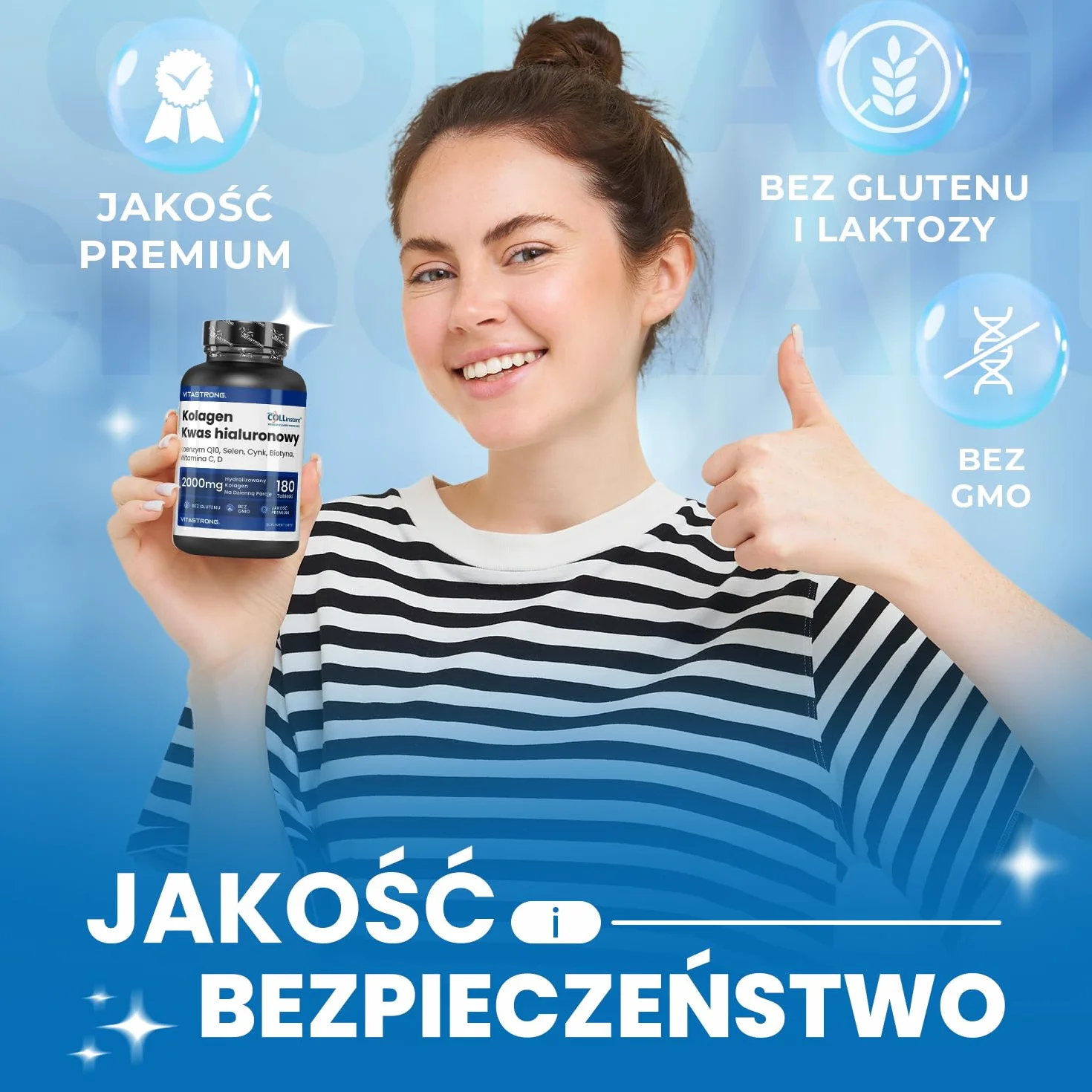 Hydrolizowany Kolagen 2000MG Vitastrong - COLLinstant® Kolagen i Kwas Hialuronowy z Biotyną, Koenzymem Q10, Cynkiem, Selenem, Witaminą C, Witaminą D - Skuteczna Formuła - Wysoka Jakość