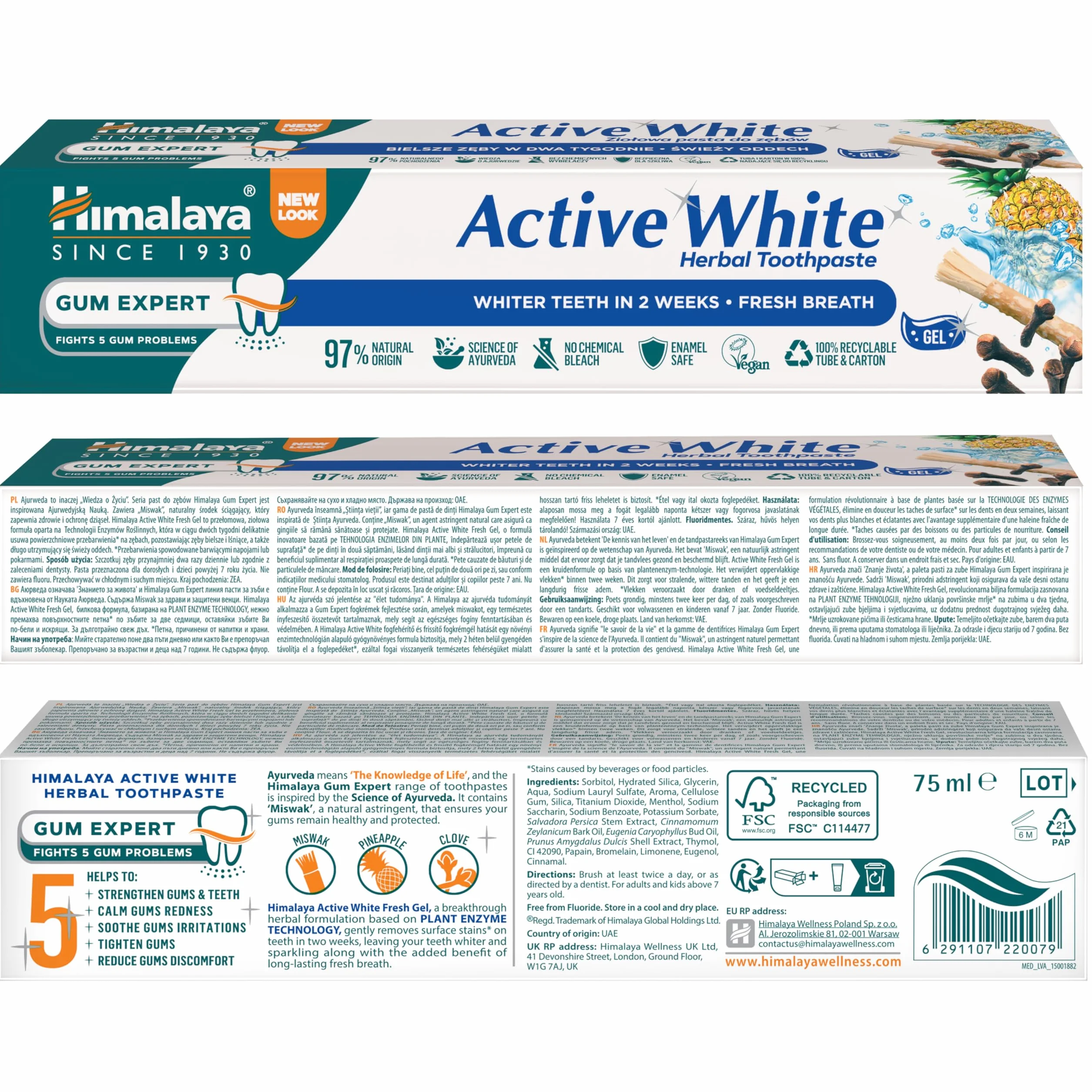 Himalaya Active White Fresh Gel, naturalne substancje ściągające bielsze i lśniące zęby, długotrwały, świeży oddech, 75 ml