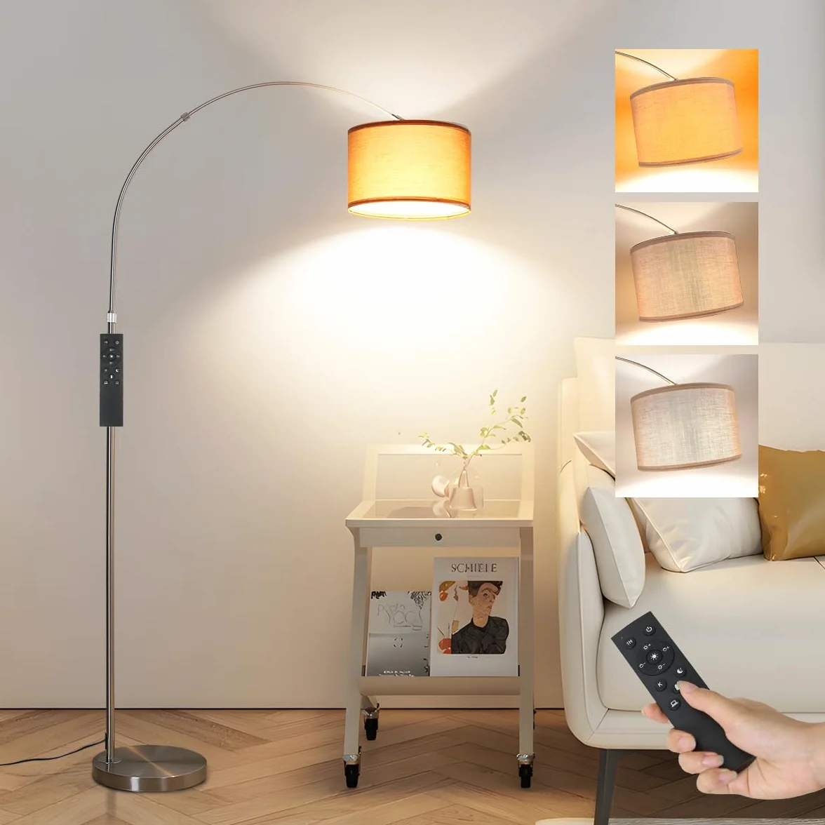 ANTENLICHT AURA Lampa łukowa z pilotem, czarna | Lampa podłogowa do salonu z regulacją jasności | W zestawie: żarówka LED E27 | Brązowy abażur z tkaniny 33 cm | Przełącznik nożny