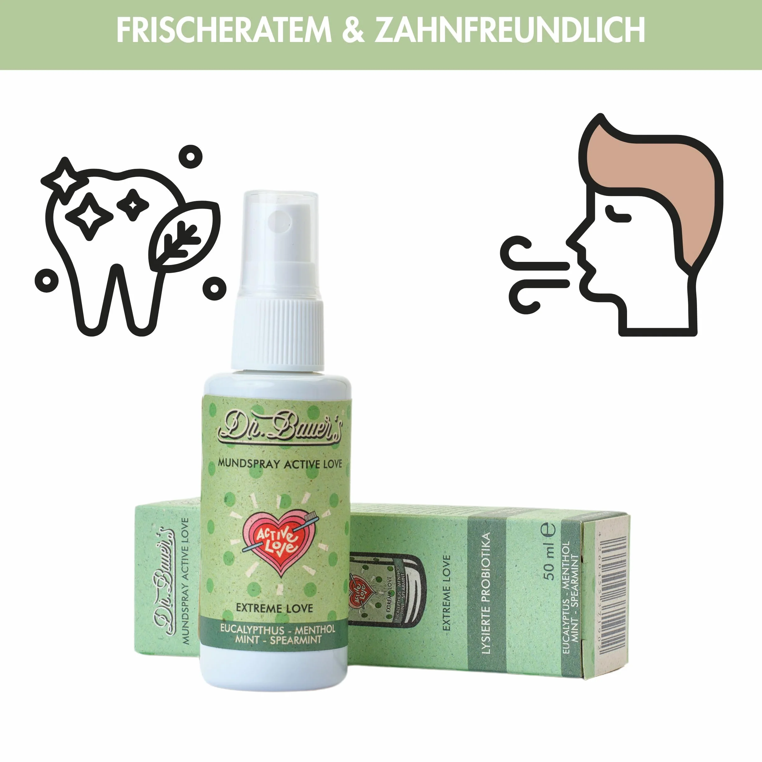 Dr. Bauer's Spray do ust Extreme Love – bardzo mocna świeżość mięty zapewnia natychmiastowy czysty oddech – wegański spray do oddychania bez alkoholu – intensywny i zrównoważony – 50 ml