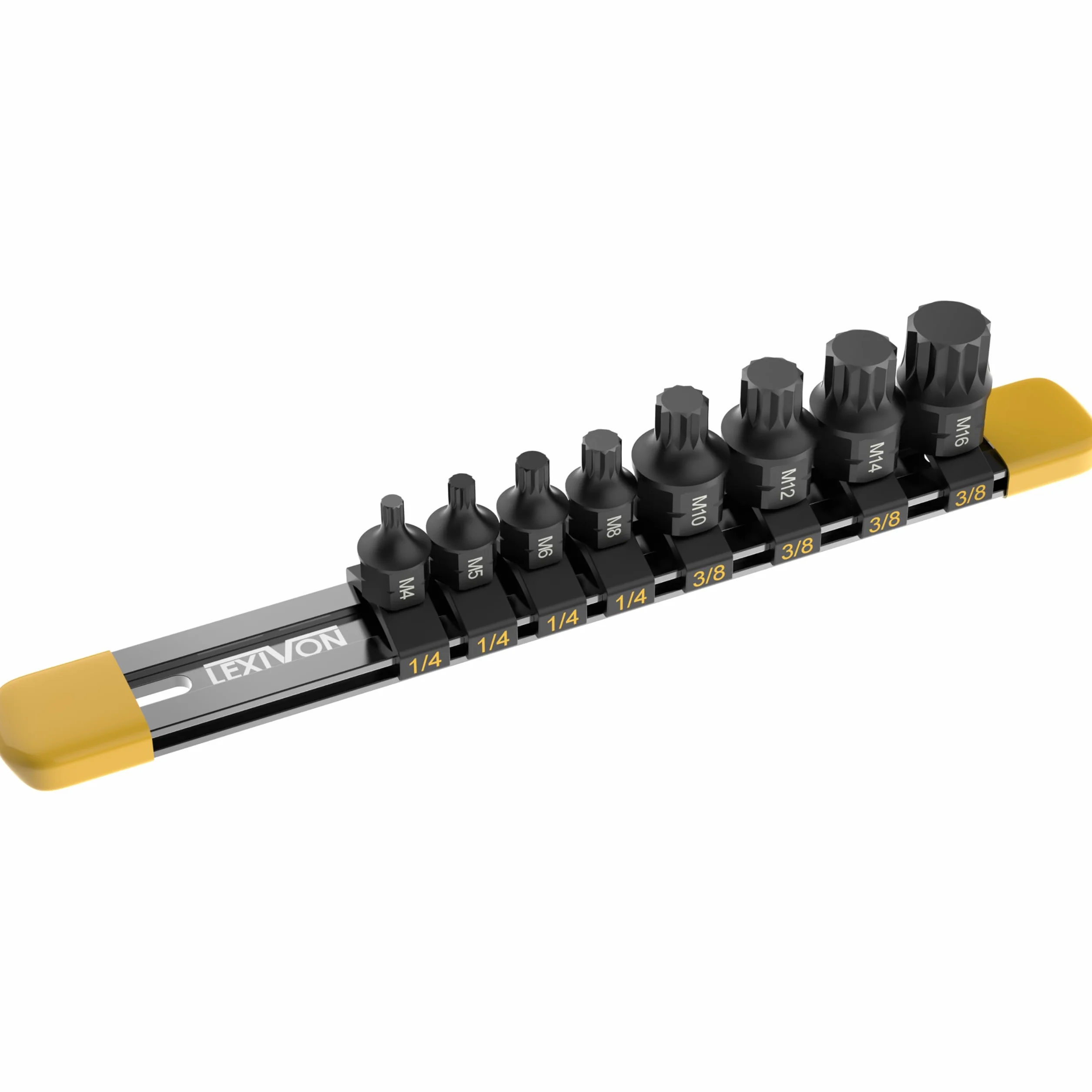 LEXIVON Triple Square zestaw bitów wielozębnych - 8-częściowy (M4-M16), Dual Drive, super krótki 12-punktowy XZN, stal premium S2, aluminiowa szyna do przechowywania, adapter do nakrętek (LX-145S)