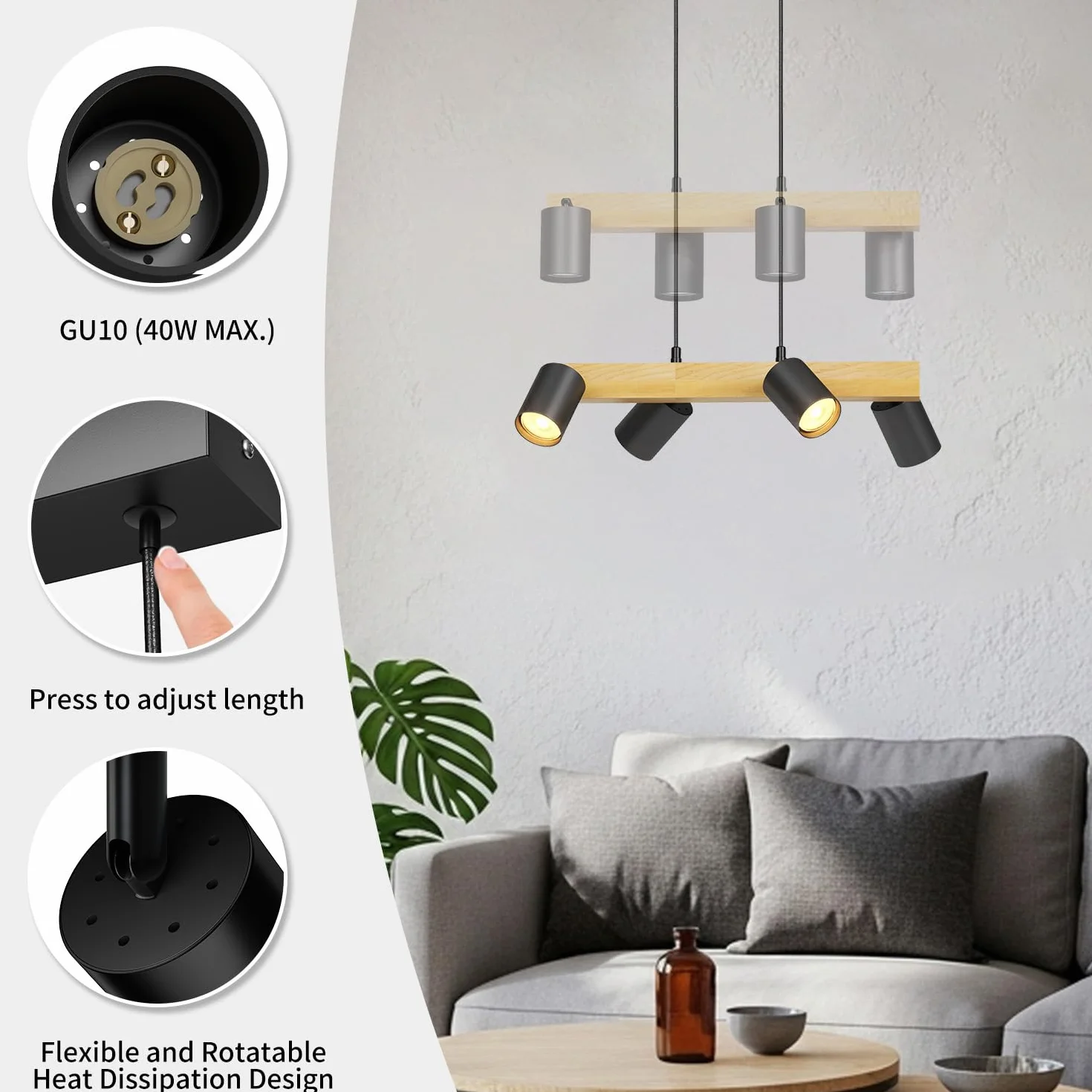 LVWIT Czarne lampy wiszące, lampy wyspowe do kuchni GU10, drewniane lampy sufitowe, lampa sufitowa do jadalni z 4 podstawami, salonu, sypialni, przedpokoju (bez żarówek)