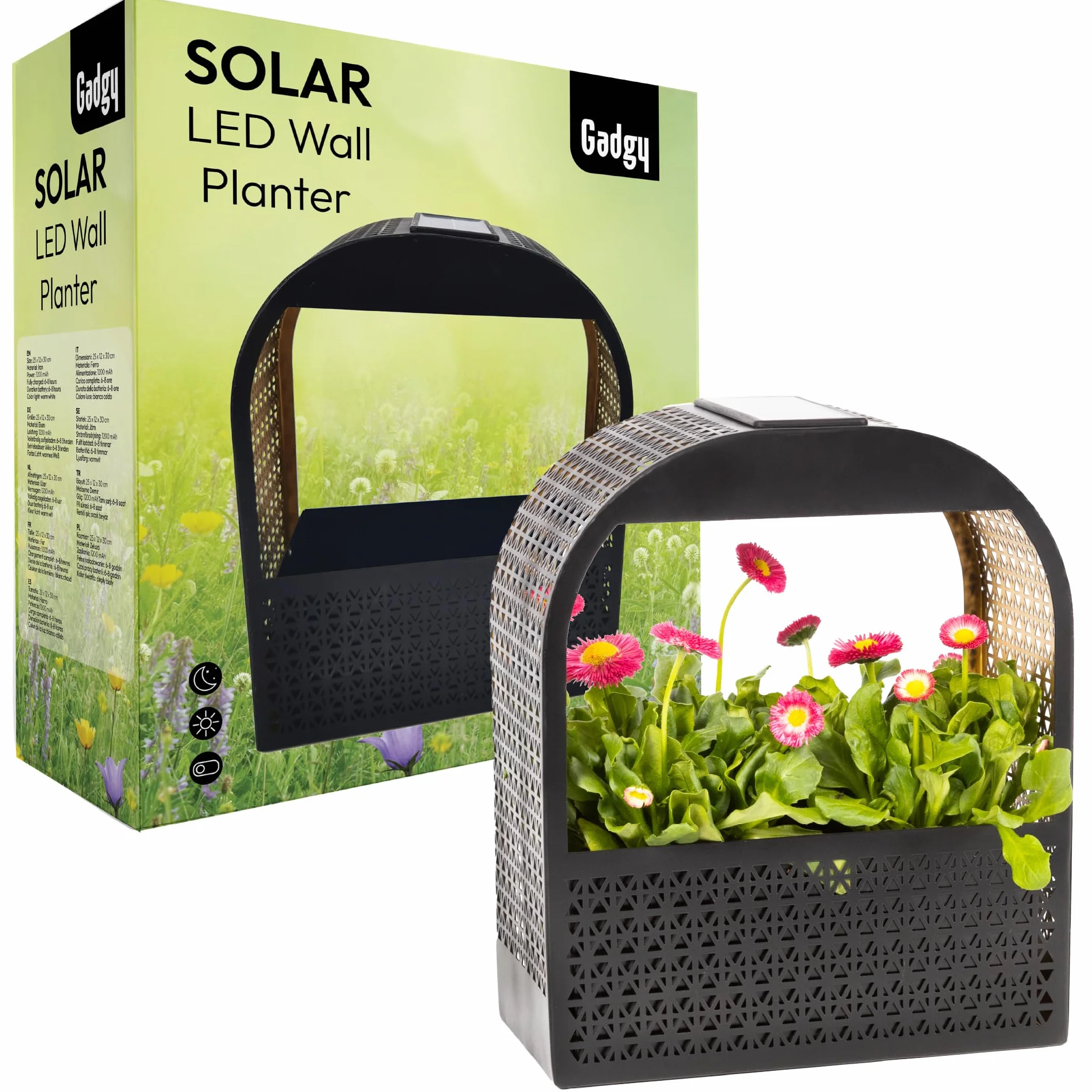 Gadgy Solarna lampa ścienna z doniczką – wazon ścienny, ciepłe, białe światło, dekoracja ścienna, balkon, kwietnik z oświetleniem, odporne na warunki atmosferyczne, oświetlenie ogrodowe, tarasy