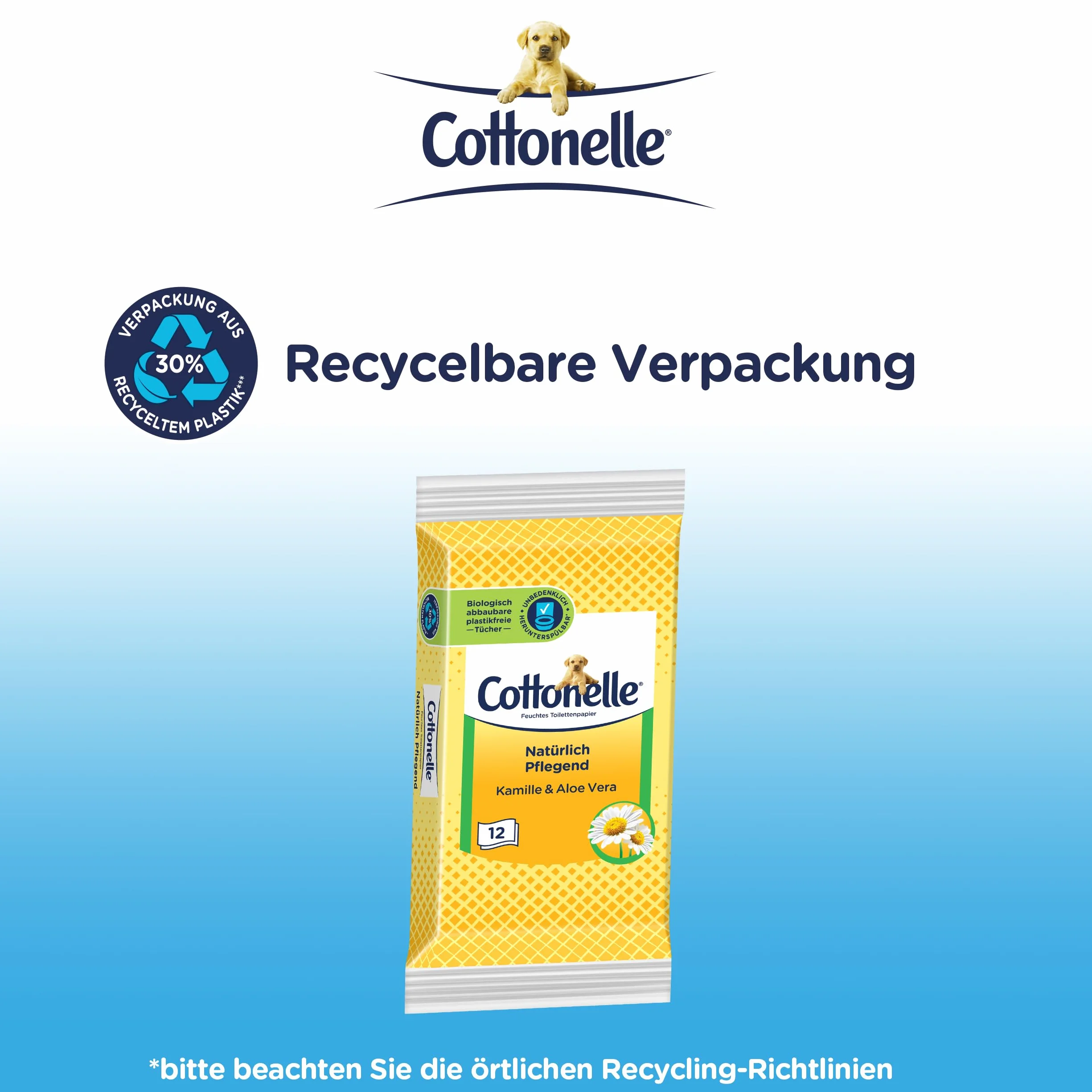 Cottonelle Wilgotny papier toaletowy do podróży, naturalnie pielęgnujący – rumianek i aloes, szybkie rozpuszczanie, 20 x 12 ściereczek, biodegradowalny