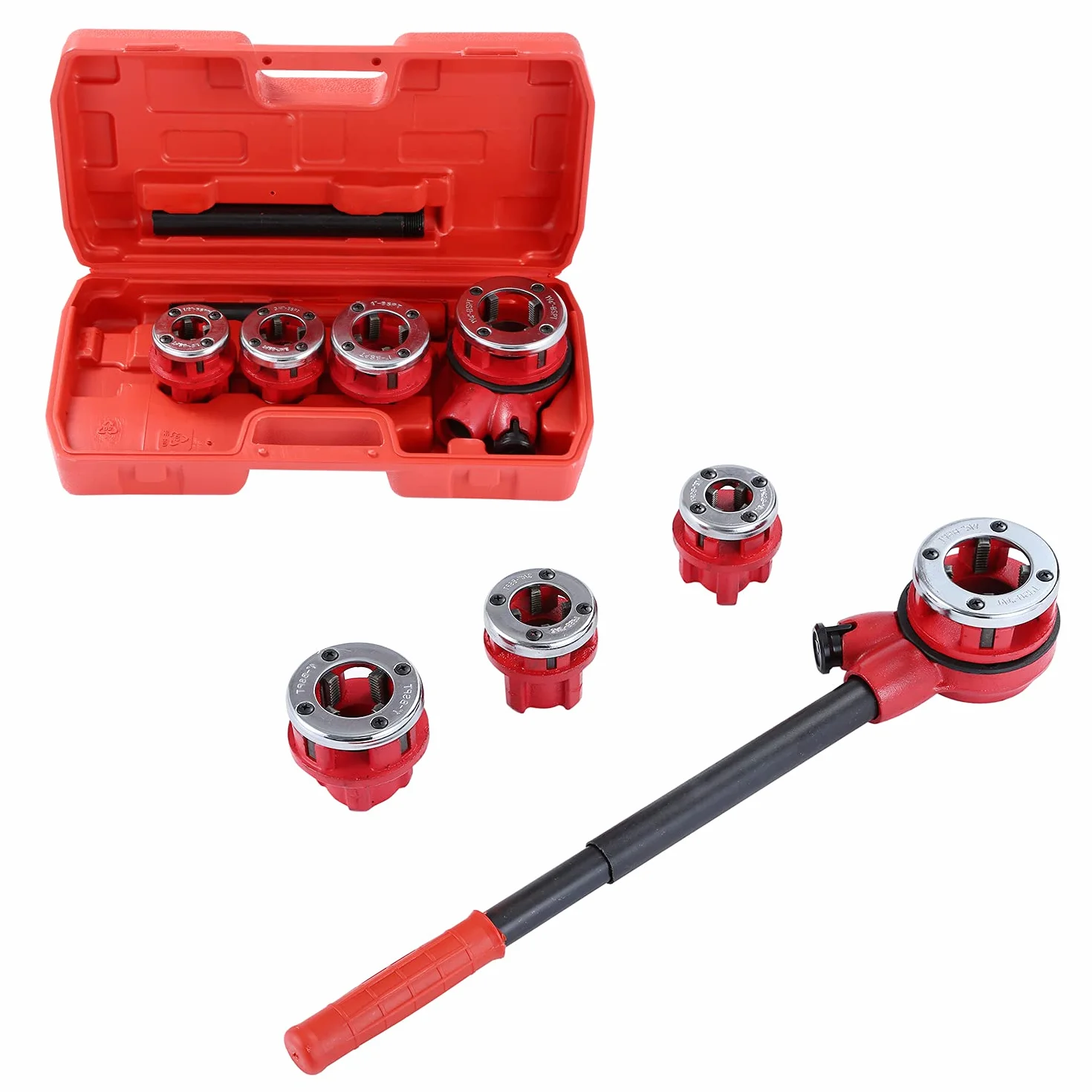 KATSU Tools Zestaw do gwintowania rur Ręczny zestaw gwintów stalowych z 4 matrycami 1/5.1 cm 3/10.2 cm 2.5 cm 1-1/10.2 cm do instalacji rur wodnych 318504