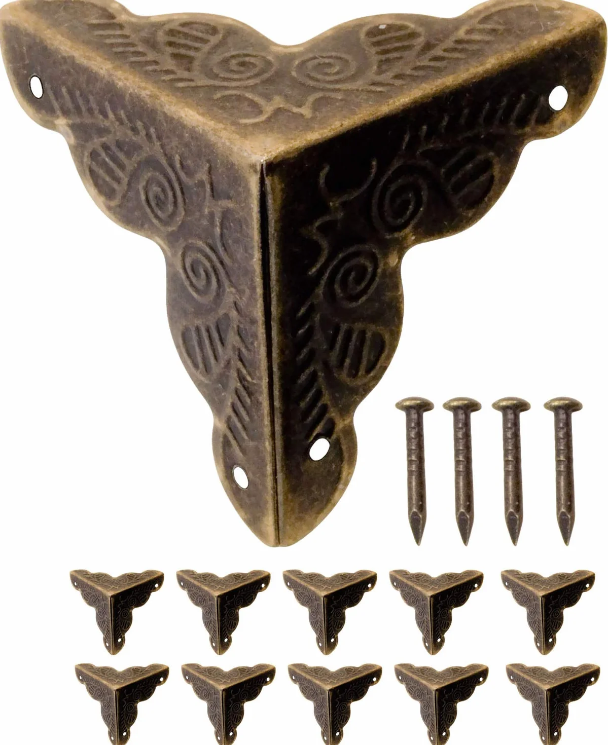 FUXXERFUXXER® 10 narożników do mebli, antyczna konstrukcja, metal, narożniki do skrzyń i mebli w stylu vintage, antyczny mosiądz, gwoździe w zestawie