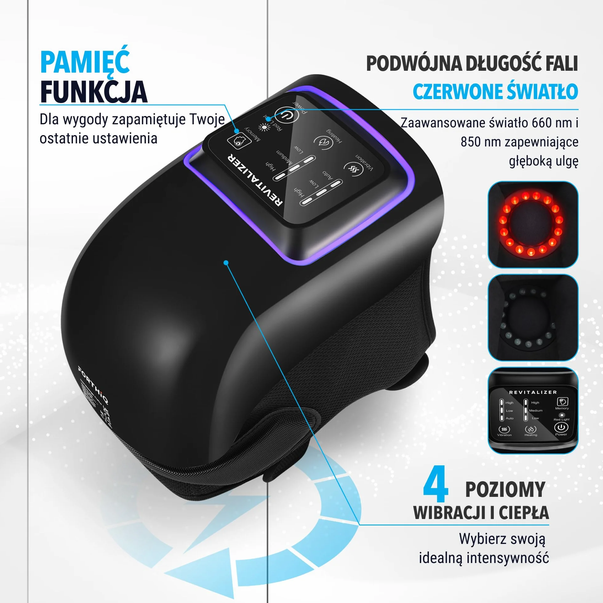 FORTHiQ Pro+ Masażer Kolana z Ciepłem i Czerwonym Światłem: Ciepło, Czerwone Światło o Podwójnej Długości Fali i Wibracje - Bezprzewodowy, Przenośny, Ładowalny, Funkcja Pamięci, Regulowane Paski