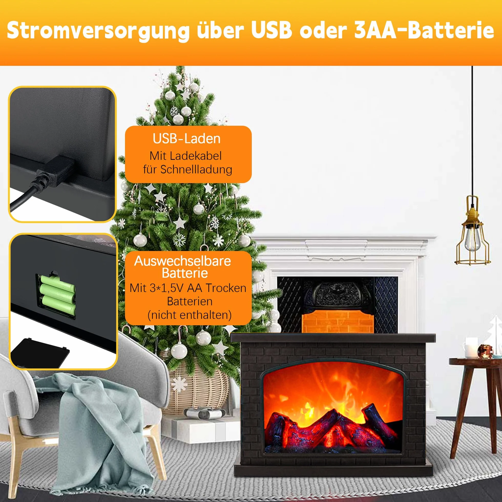 Kominek elektryczny LED - Symulacja kominka z efektem realistycznego płomienia, sterowany dotykowo, zasilany z USB i baterii