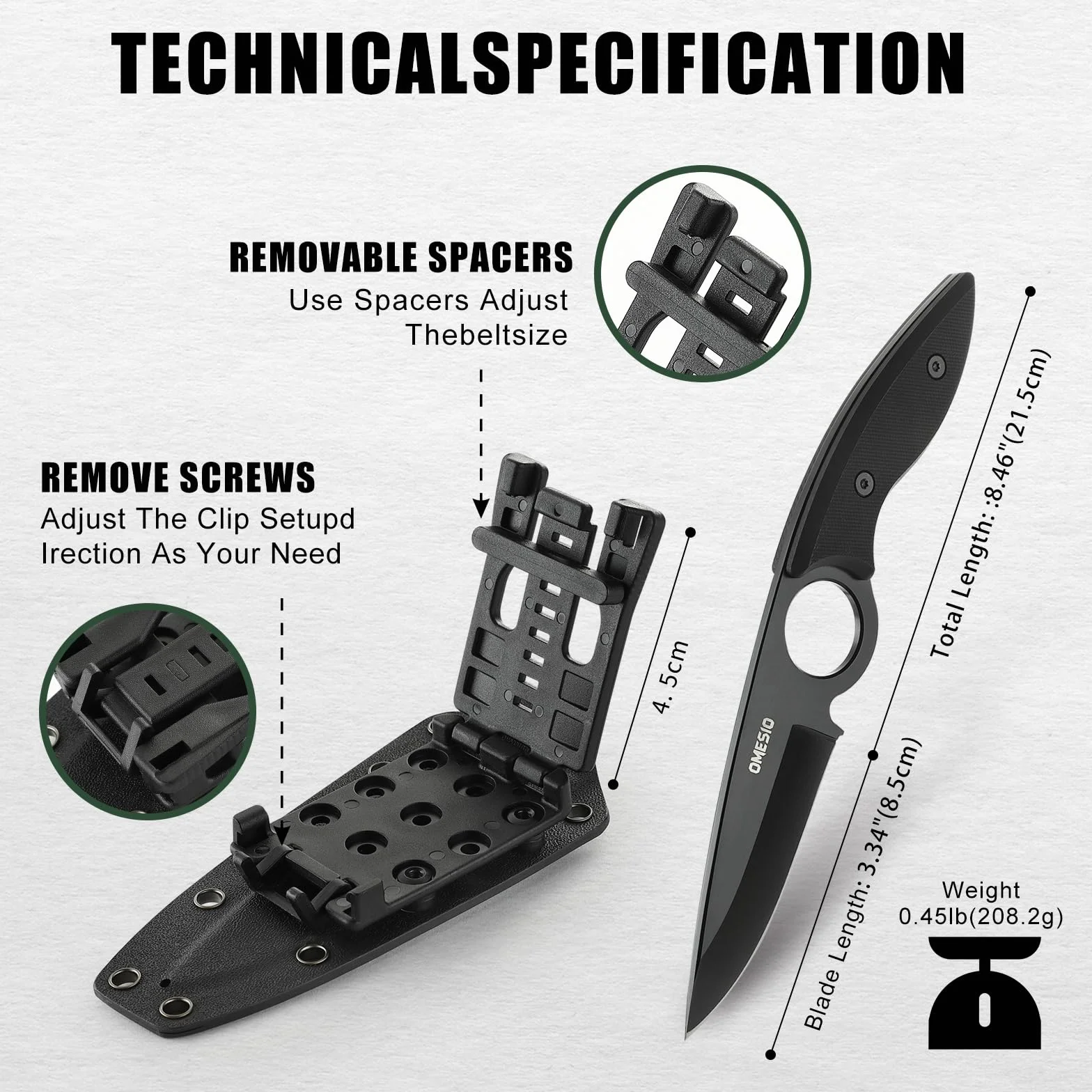 Omesio Large Outdoor Knife Doskonałej Jakości Stal 5cr13mov O Konstrukcji Full Tang - Stałe Ostrze 8,5 Cm - Duży Nóż Do Paska Z Ergonomiczną Rękojeścią Z G10 - W Komplecie Kydexowa Pochwa I Klips (Cza