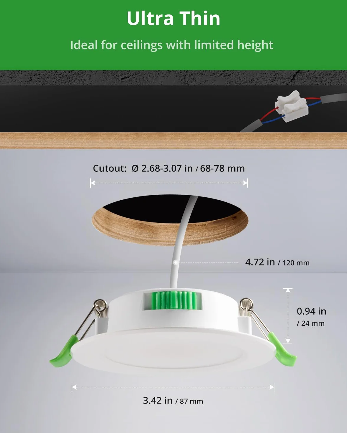 HOMEOW Zestaw 20 reflektorów LED do zabudowy 230 V, 5 W 400 lm LED Spot 68 mm – 78 mm wymiar otworu, IP44, ciepła biel, zimna biel, oświetlenie sufitowe, 24 mm, ultra płaskie lampy do zabudowy do