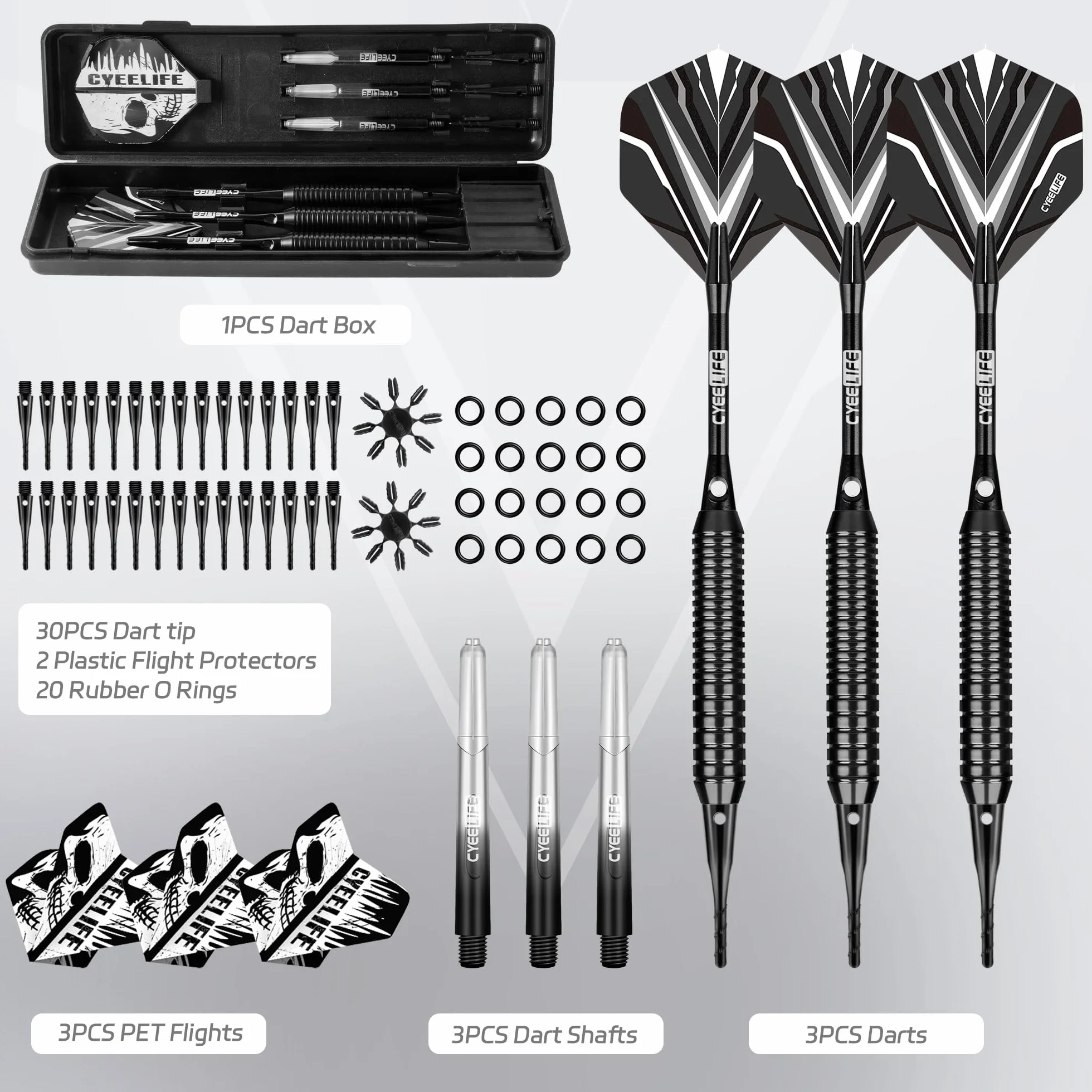 CyeeLife Zestaw rzutek z miękką końcówką z mosiężną beczką, profesjonalna plastikowa końcówka, aluminium/PC trzonki + 6 lotków + 30 miękkich końcówek + 20 pierścieni uszczelniających + 2 ochraniacze