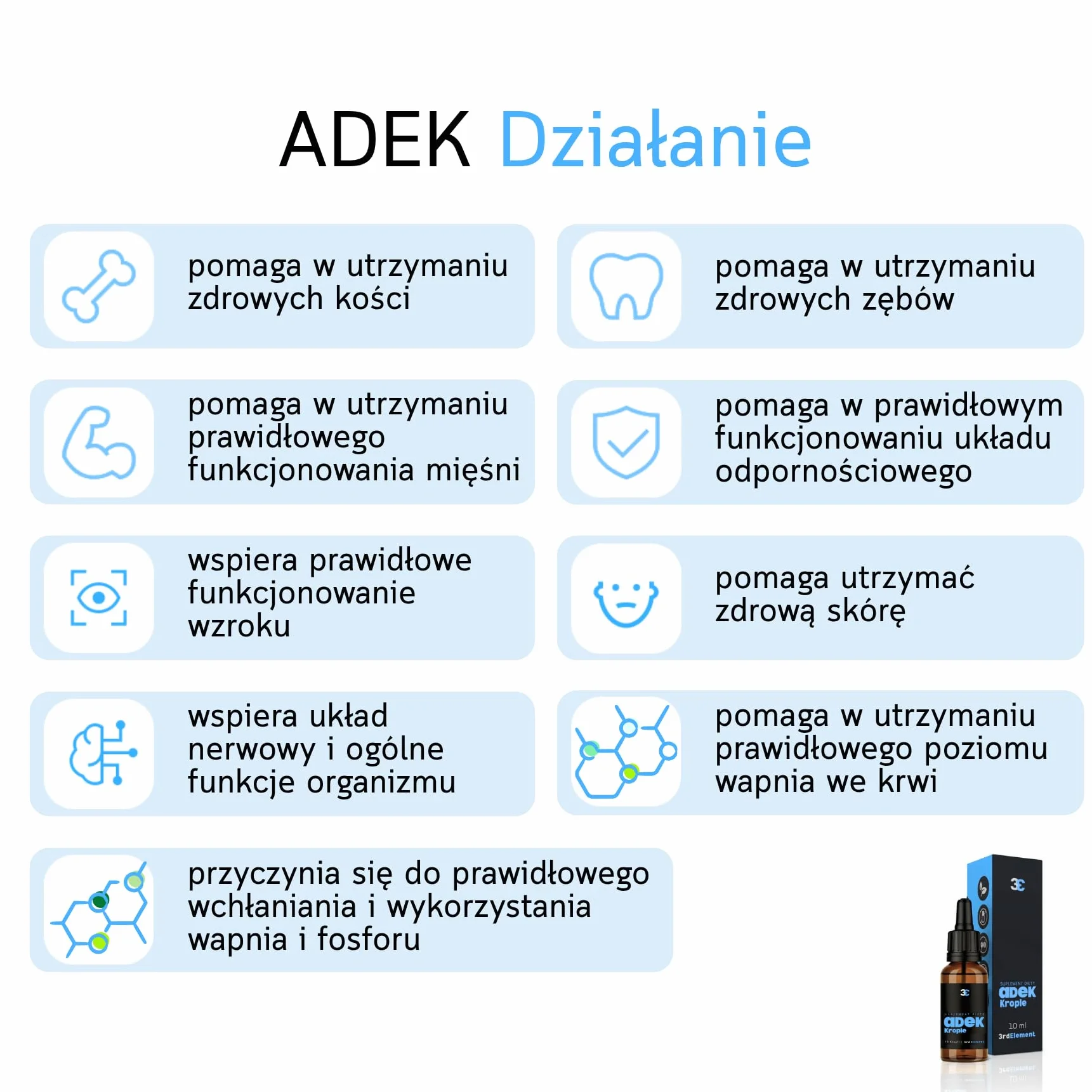 Witaminy ADEK w kroplach 10 ml Wegańska formuła Wspiera odporność wzrok skórę kości 3rd Element Nutrition