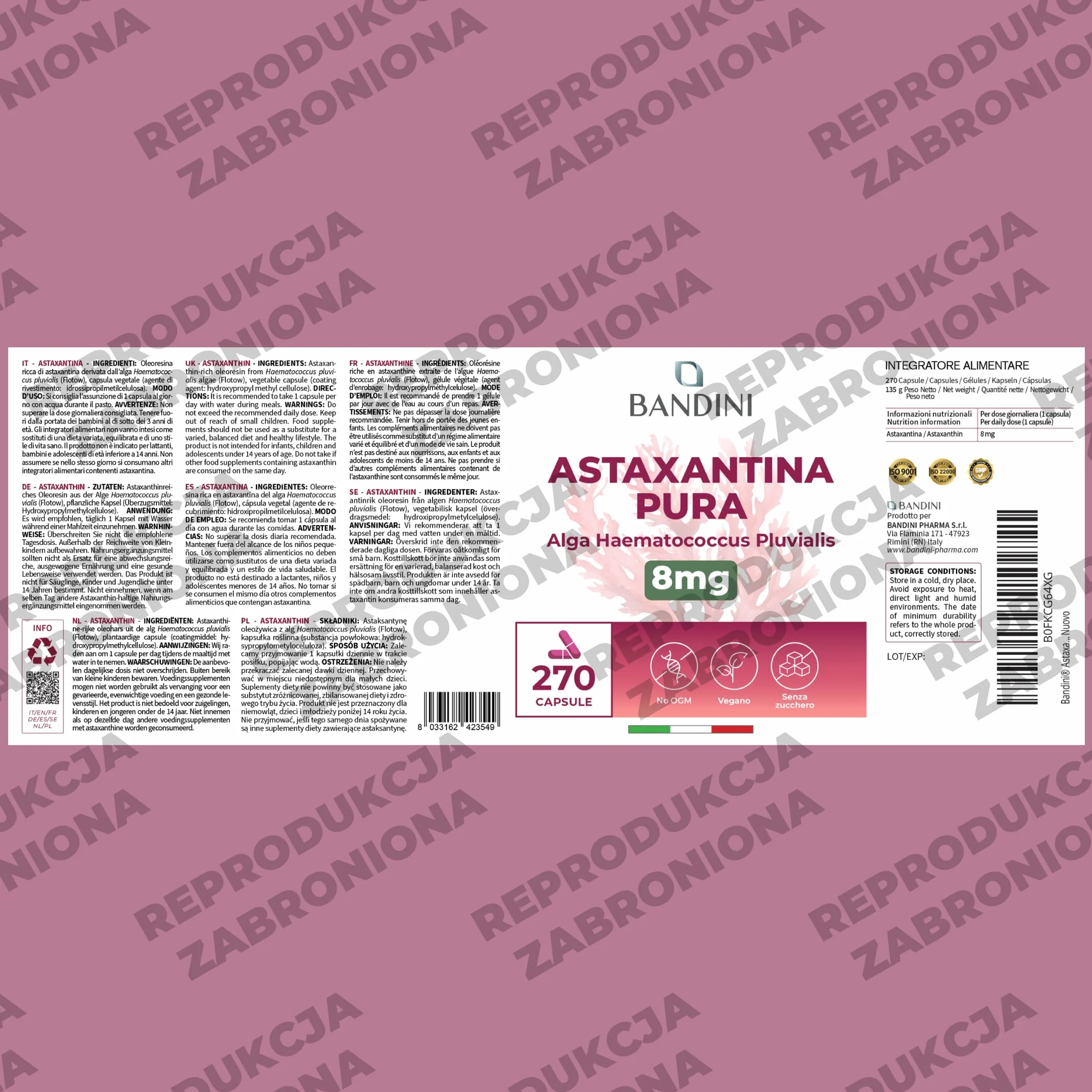 Bandini Czysta Astaksantyna 270 kapsułek 9-miesięczny zapas Naturalny przeciwutleniacz Astaxanthin 8 mg na kapsułkę Vegan bez GMO