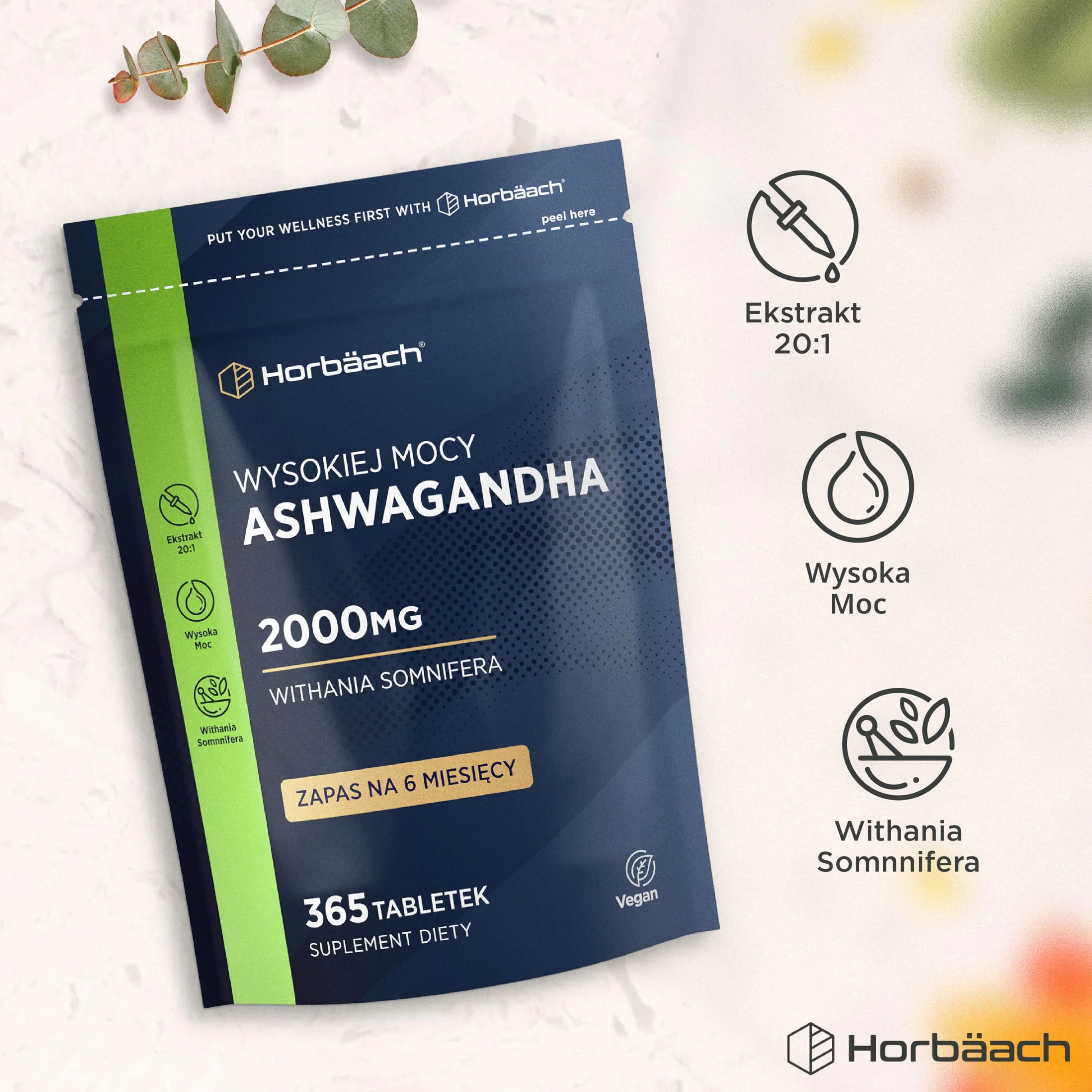Ashwagandha KSM-66® 1200mg (BIO) | 5% Witanolidów | Organiczny Suplement w Proszku z Korzenia Ashwagandhy | Wysoka moc | 180 Kapsułek Wegańskich | marki Horbaach