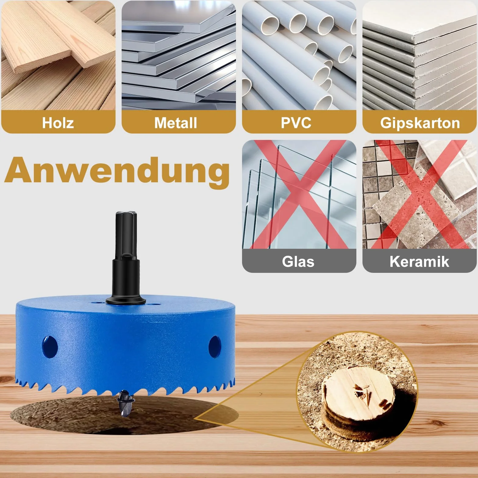 Otwornica 125 mm, bimetalowa frez otwornica ze stali szybkotnącej HSS do metalu, aluminium, plastiku, stali nierdzewnej, tworzywa sztucznego, drewna, gipsu i wielu innych, z rozdzielnym wiertłem i