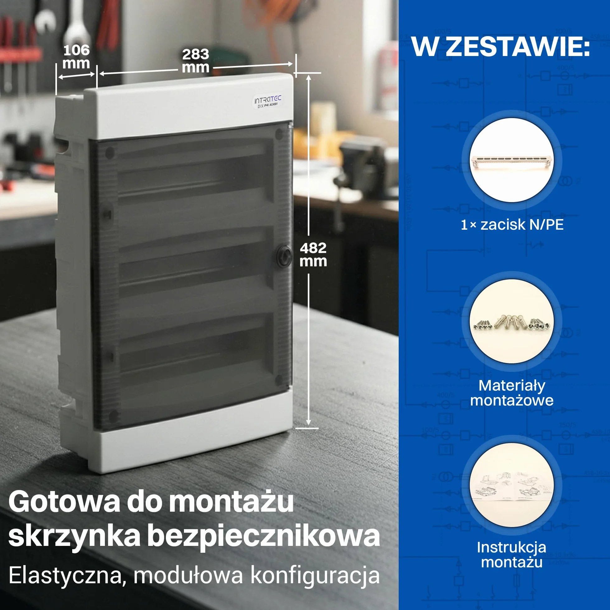 Intratec Skrzynka Rozdzielcza Podtynkowa 3 Rzędowa IP40 36 Modułów 482 x 283 x 106mm