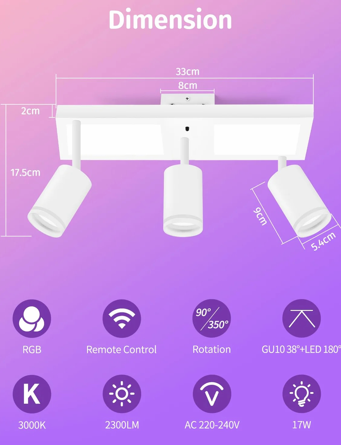 YindaLux Lampa sufitowa LED z 3 ściemnialnymi reflektorami z pilotem zdalnego sterowania, RGB 25 W 2850 lm, obrotowe reflektory sufitowe GU10, biała lampa sufitowa z dolnym blaskiem 10 W, 3 x 5 W