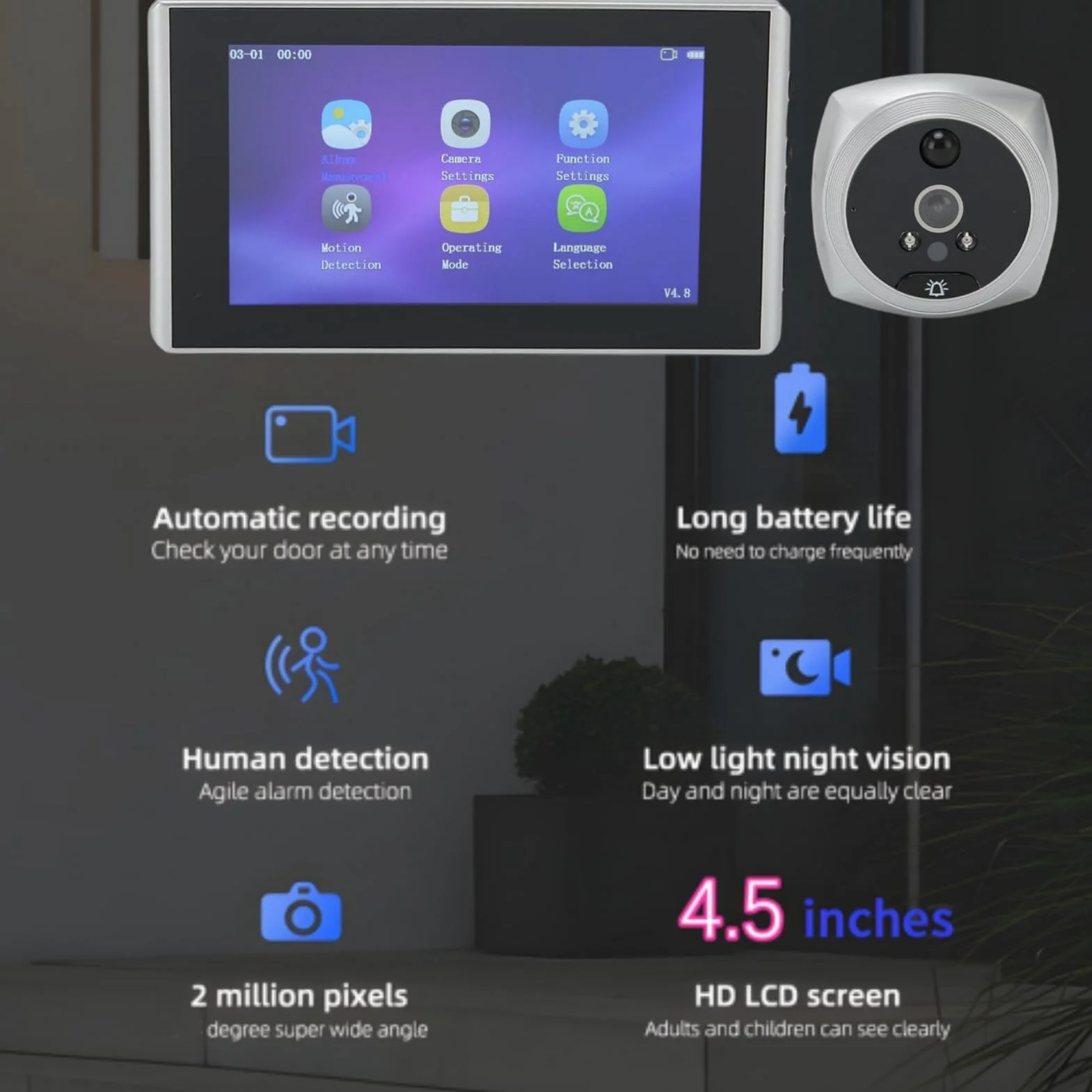 4,5-calowy Inteligentny Cyfrowy Wizjer do Drzwi, Wizjer do Drzwi 160 Stopni 1080P 2MP Dzwonek do Drzwi z kamerą z Noktowizorem na podczerwień dla Bezpieczeństwa w Mieszkaniu