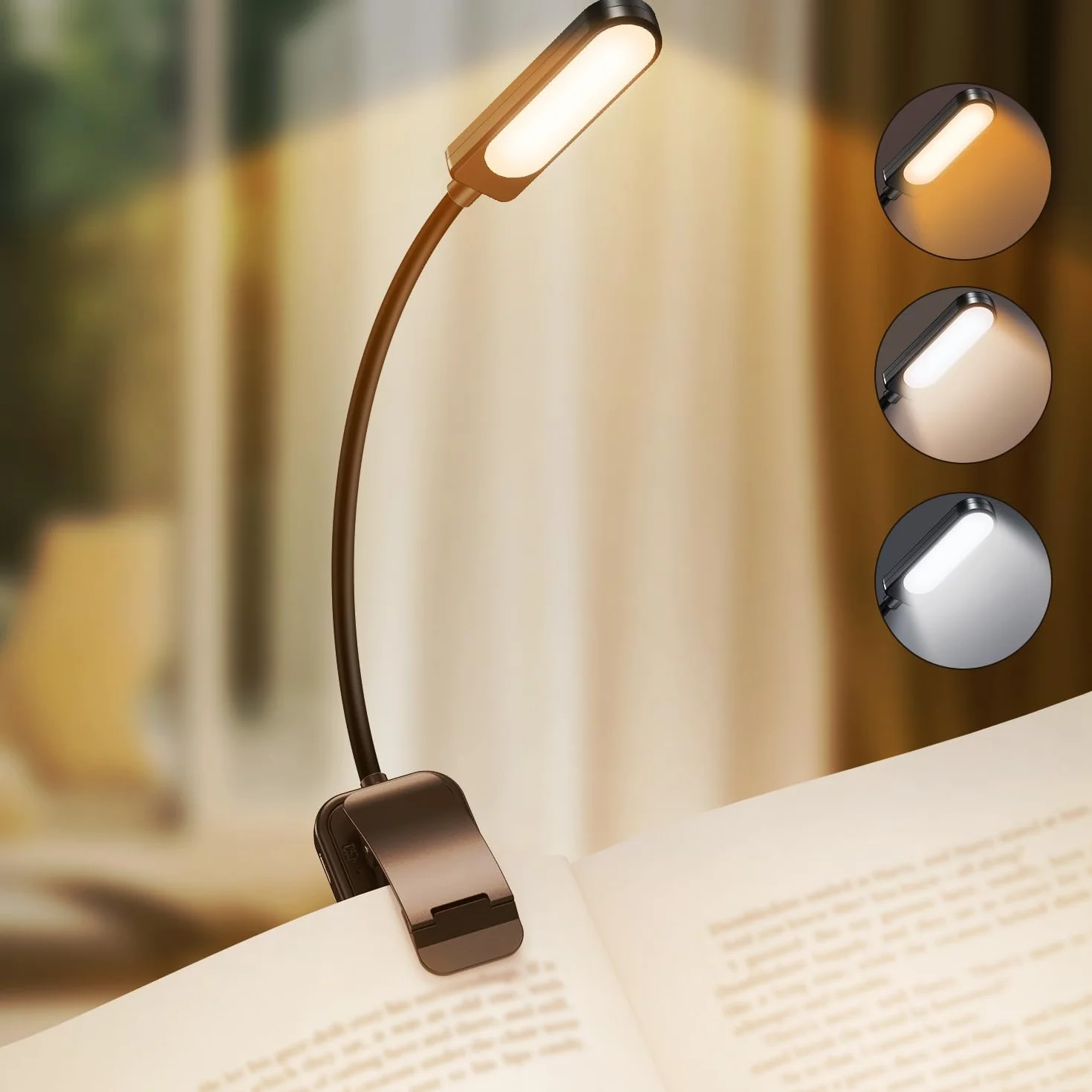 GARITE Lampka LED do Czytania z Klipsem - 10 Diod LED, Ściemniana, 3 Tryby Jasności (Ciepła, Biała i Mieszana), Ładowalna
