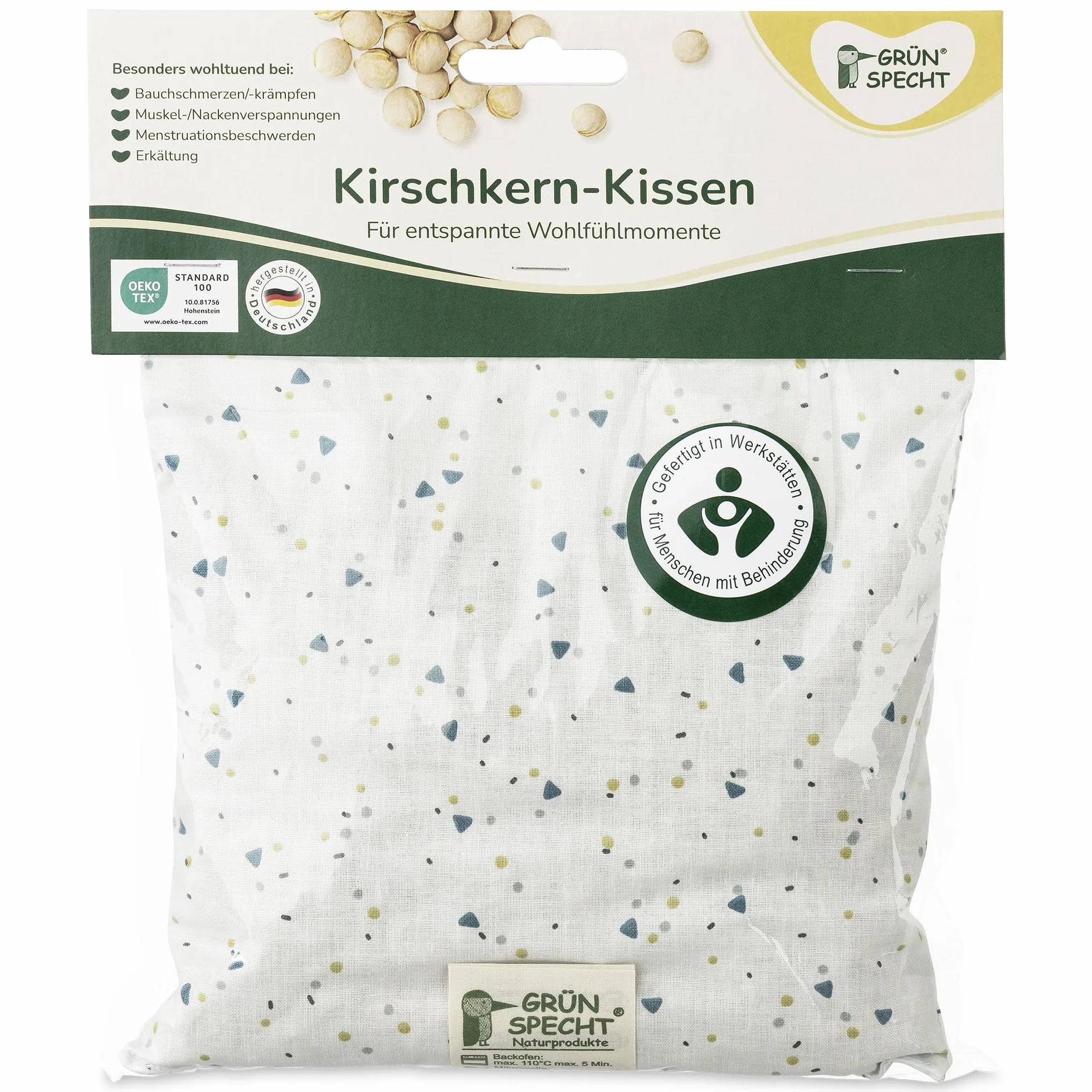 GRÜNSPECHT Poduszka z pestkami wiśni 19 x 19 cm, poduszka rozgrzewająca na kark, brzuch i plecy, poszewka ze 100% bawełny, do kuchenki mikrofalowej i piekarnika, trójkąty Frosty zielona (100-V8)