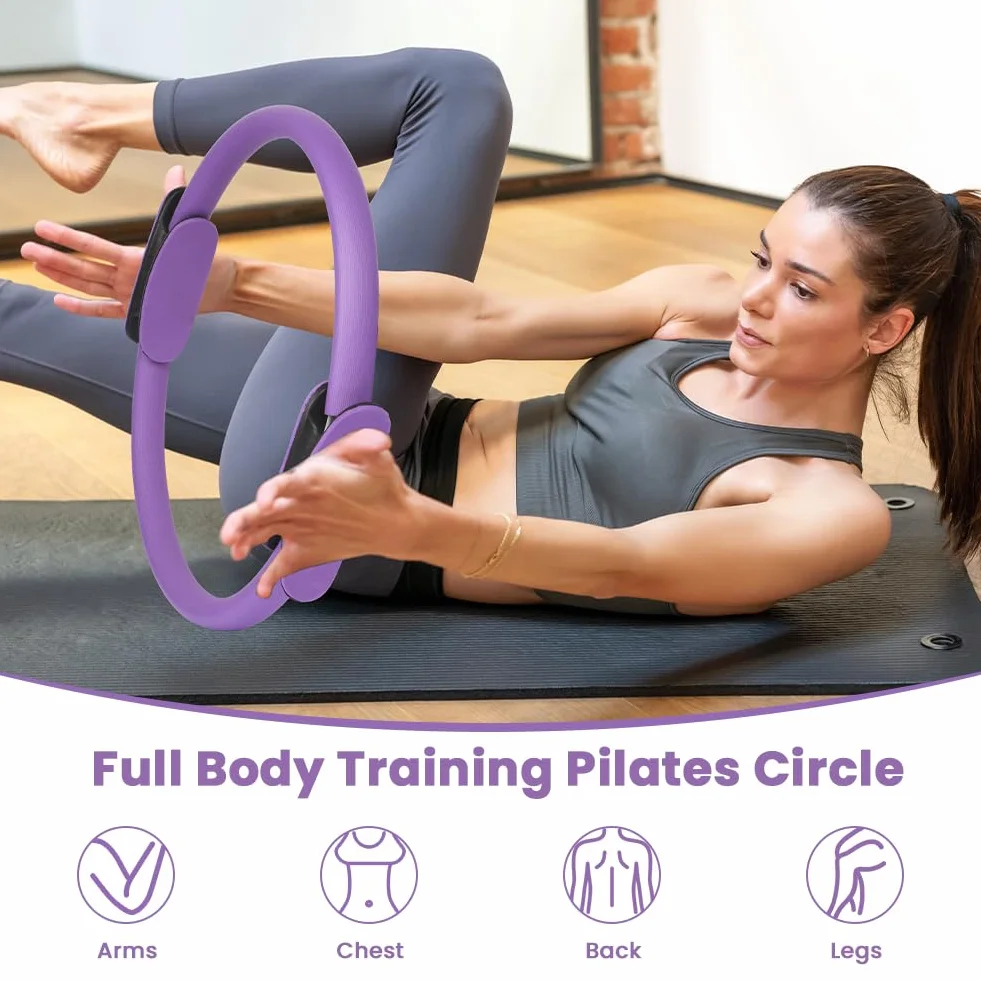 Zestaw pierścieni do pilatesu, 15''/38cm Magic Circle z podwójnymi uchwytami, 6-częściowy zestaw niezbędnych akcesoriów do pilatesu zawierający lateksową taśmę oporową, piłkę do jogi, elastyczny