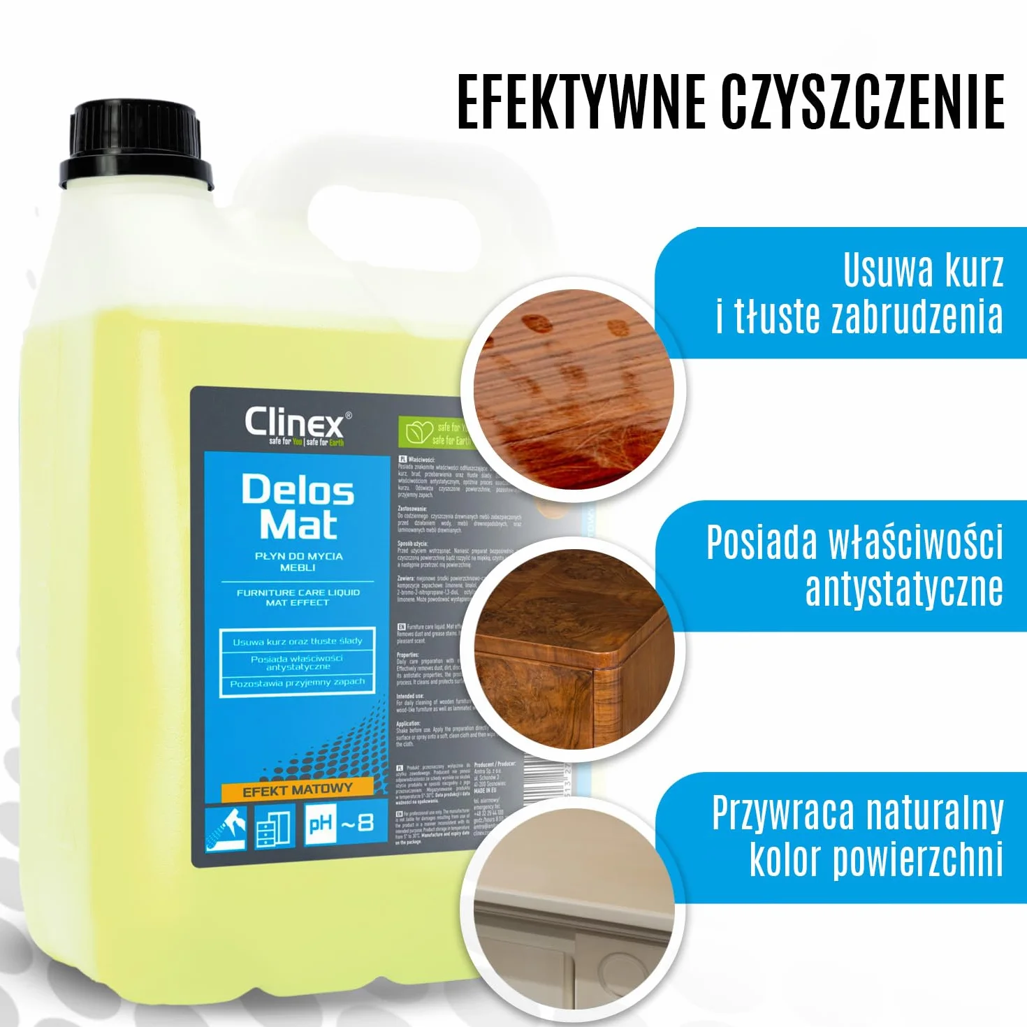 Clinex Delos Mat środek do czyszczenia i pielęgnacji mebli 1000 ml / 1 l środek do czyszczenia drewna – pielęgnacja drewna – usuwa kurz i brud – właściwości antystatyczne, przyjazny dla środowiska