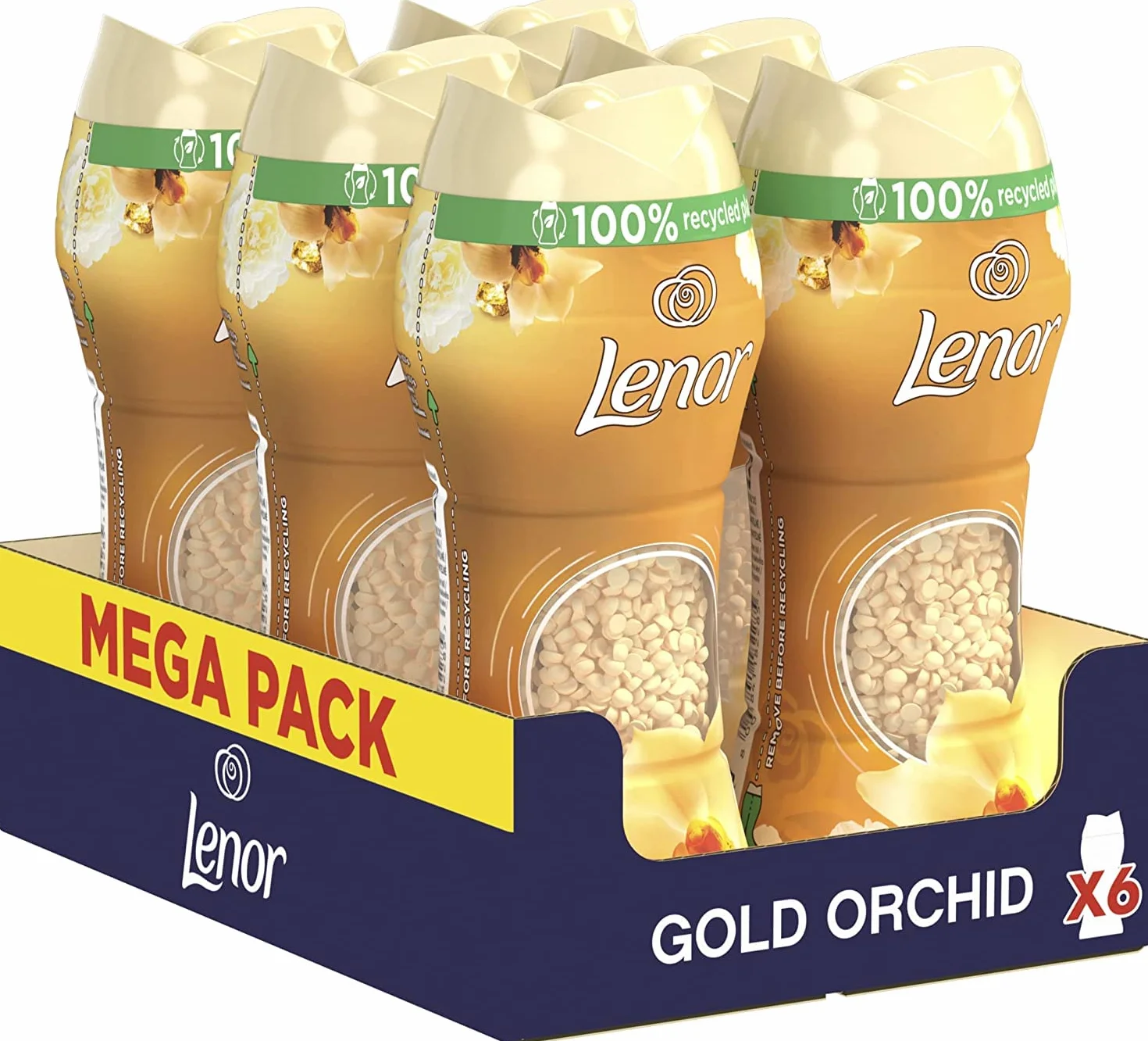 Lenor Perełki Zapachowe do Prania (6 x 210g) Gold Orchid, Pozostawiają Świeży Zapach na Tkaninach do Następnego Prania, Zapach z Nutą Wanilii