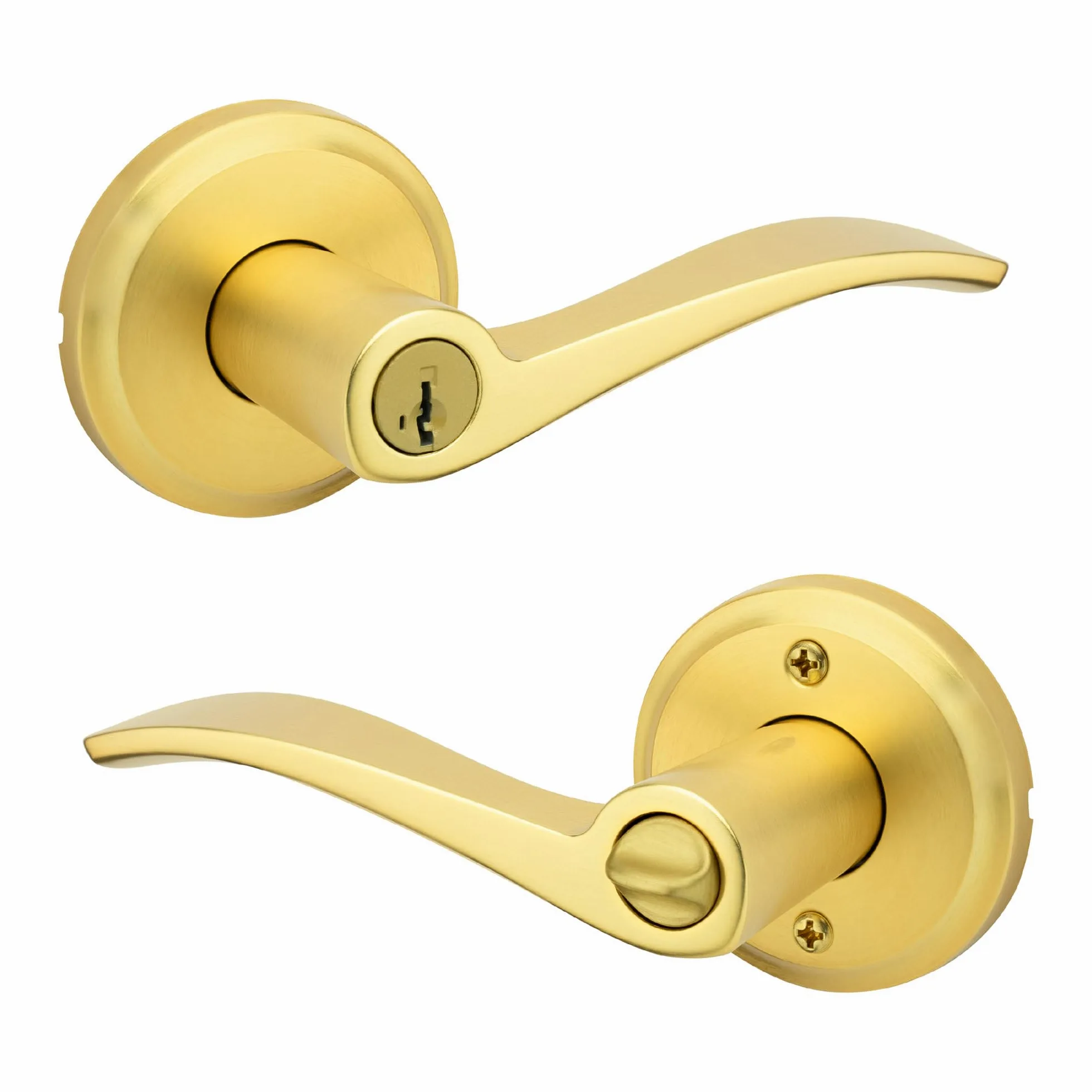 Kwikset Sedona Klamka do drzwi wejściowych z zamkiem i kluczem, bezpieczna, odwracalna dźwignia na zewnątrz, do wejścia przedniego i sypialni, satynowy mosiądz, odporny na wybór Smartkey Rekey
