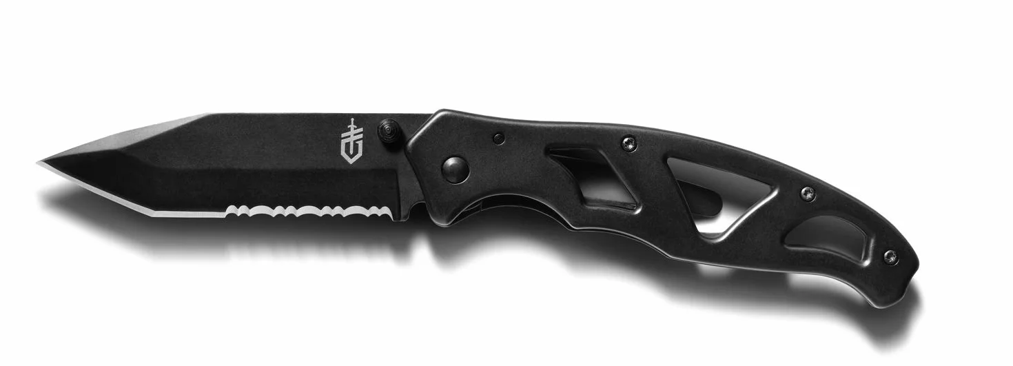 Gerber Składany nóż kieszonkowy ze szlifem częściowo falistym i klipsem kieszonkowym, długość ostrza: 8,9 cm, Paraframe II Tanto Folding Clip Knife, czarny, 31-003635
