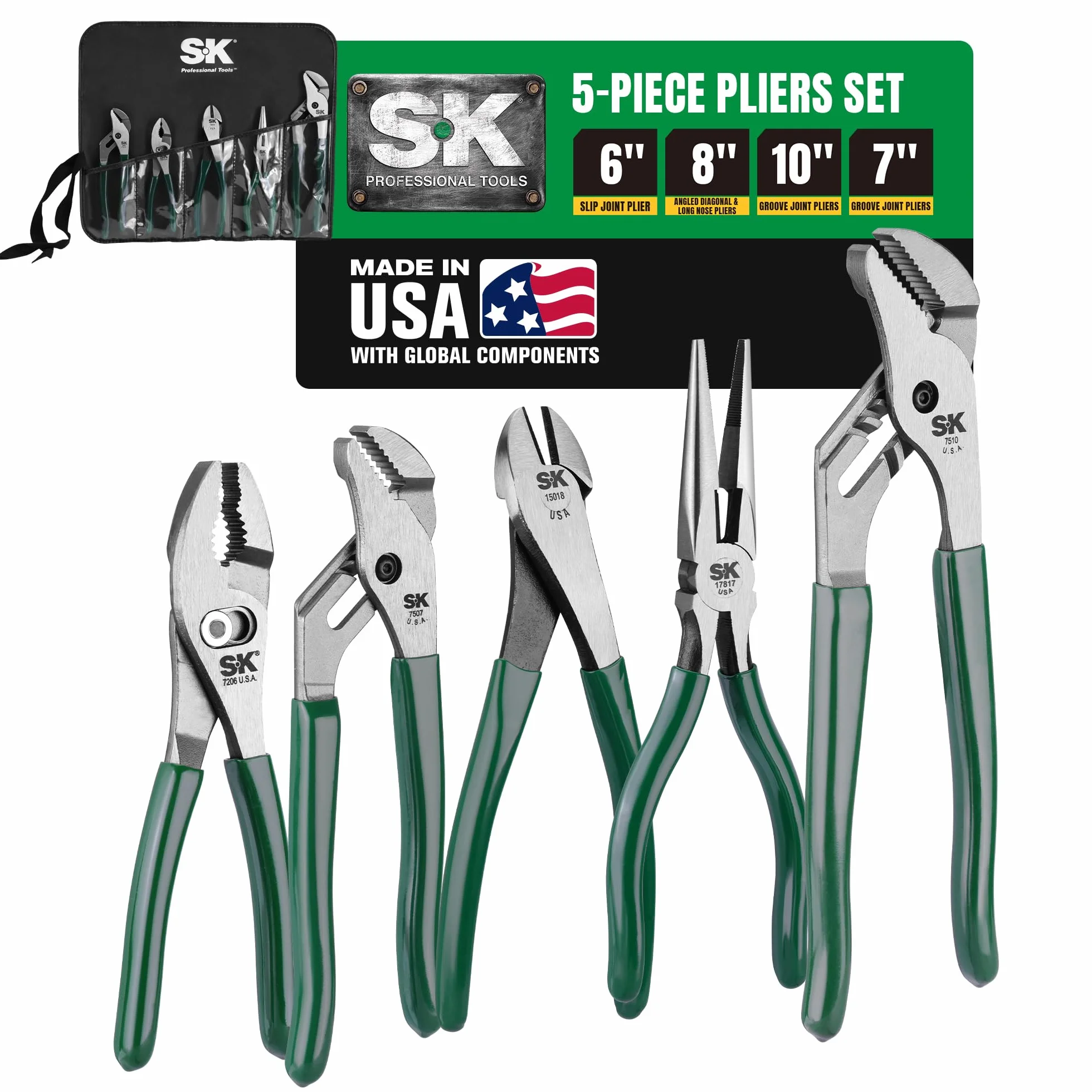 SK 17835 Plier Set– 5 Piece Joint Tongs Combination, Adjustable Cutters. General Purpose Power Hand Tool