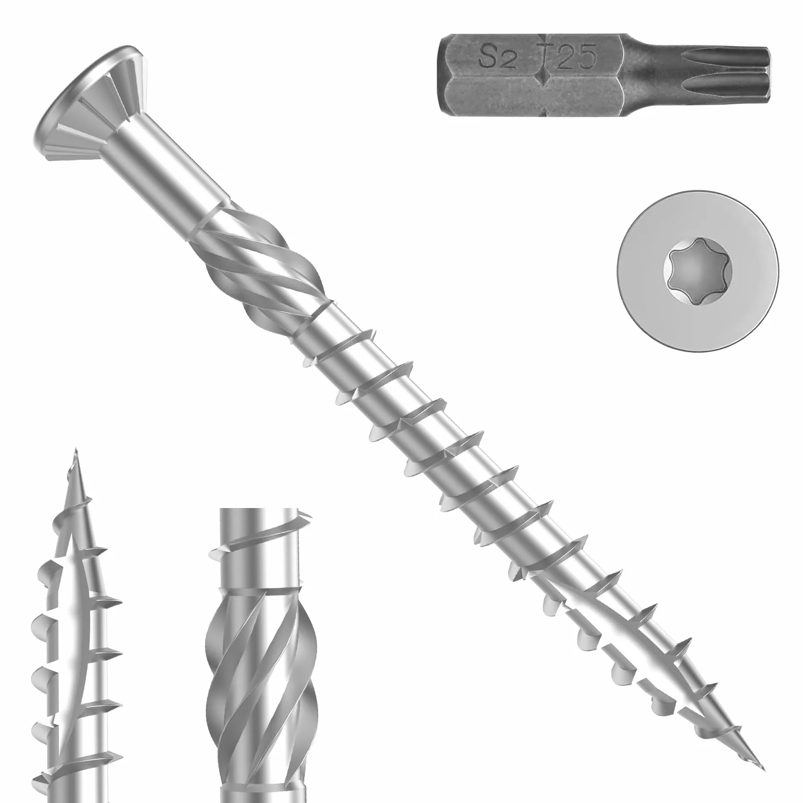 TCO Wkręty tarasowe ze stali nierdzewnej A2 5,0 x 60 mm – 500 sztuk łącznie z bitem S2, TX 25, ozdobna głowica wpuszczana, ząbkowany szlif gwintu, ostrze tnące, wkręty do desek tarasowych do użytku na